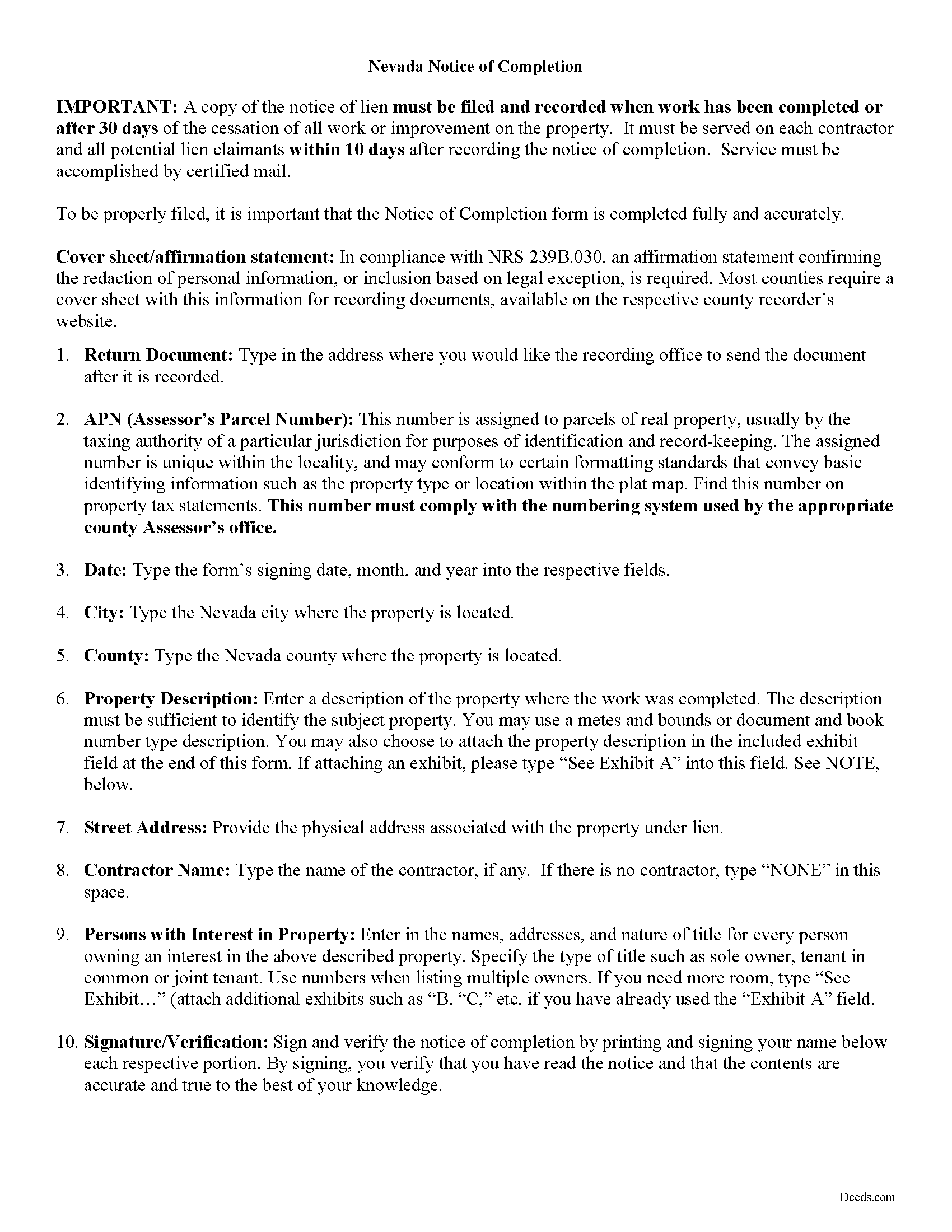 Nye County Notice of Completion Guide