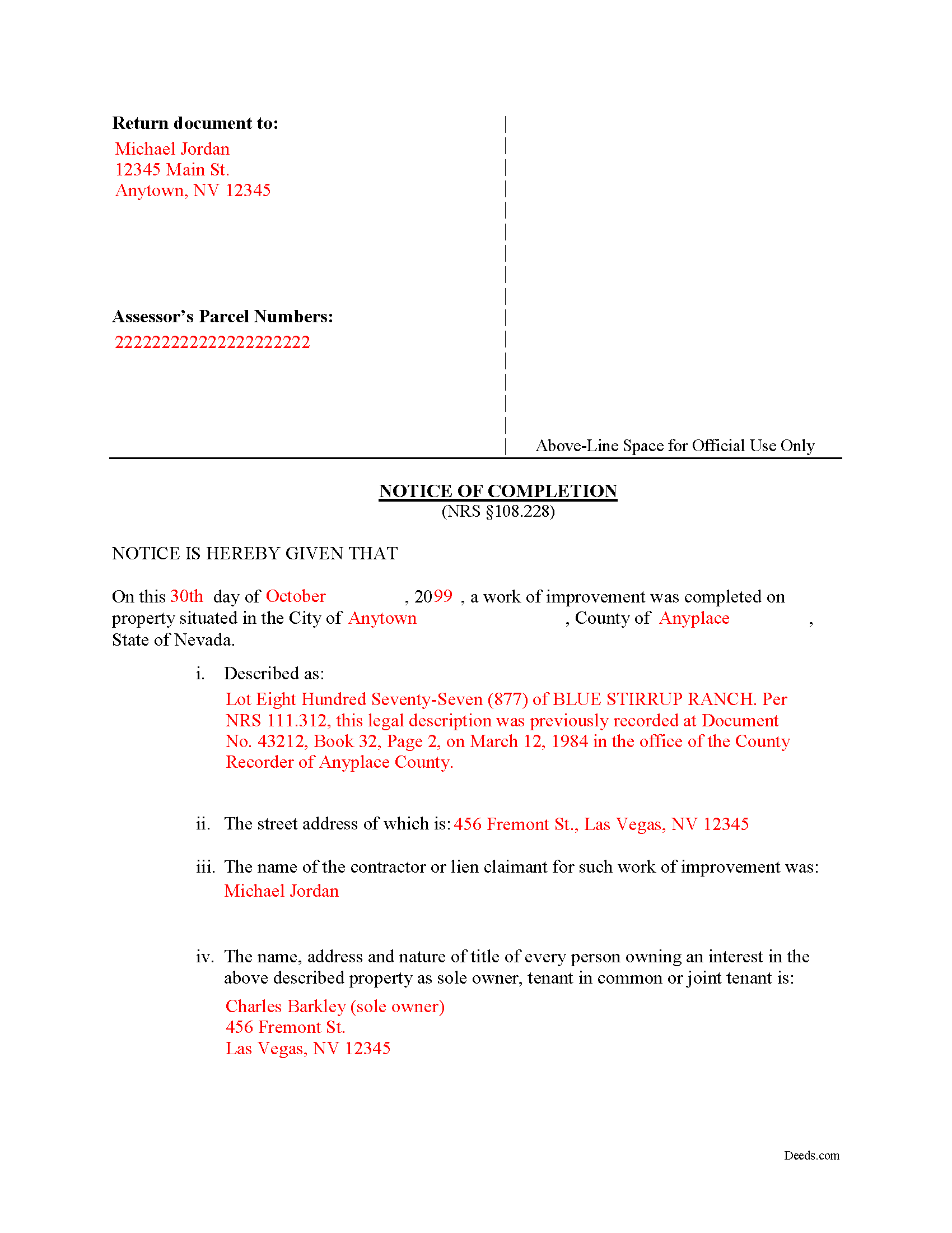 Washoe County Completed Example of the Notice of Completion Document