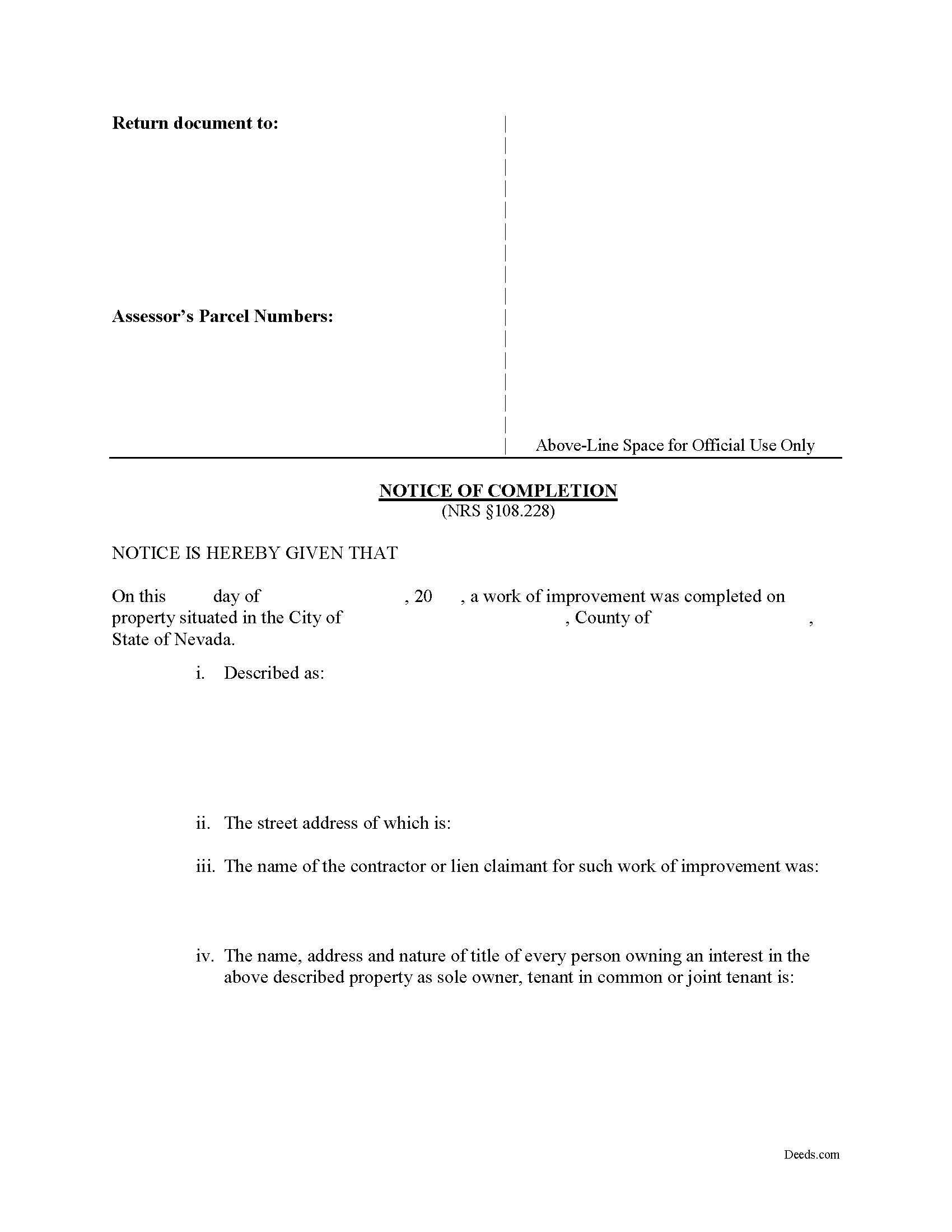 Washoe County Notice of Completion Form