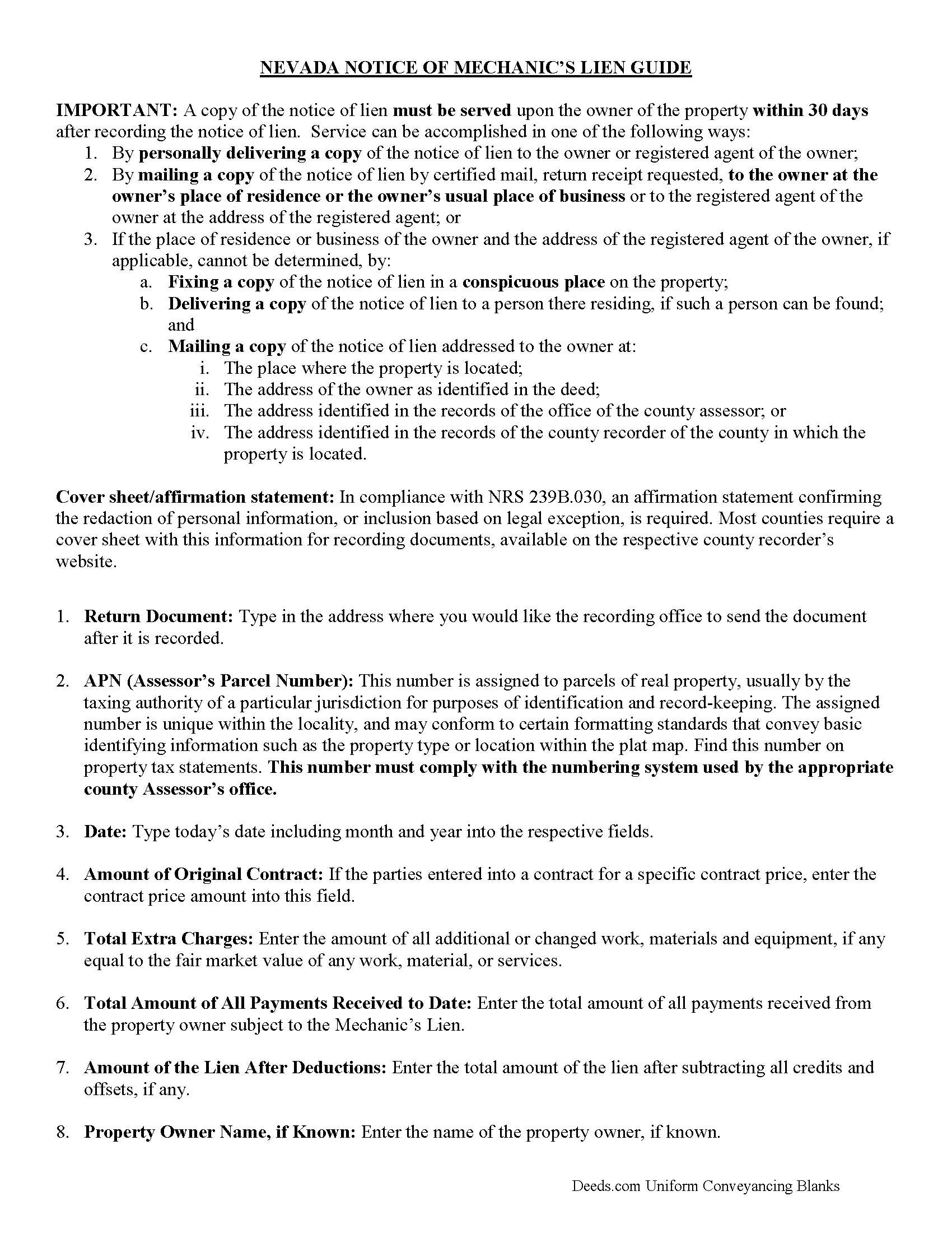 Nye County Notice of Mechanics Lien Guide