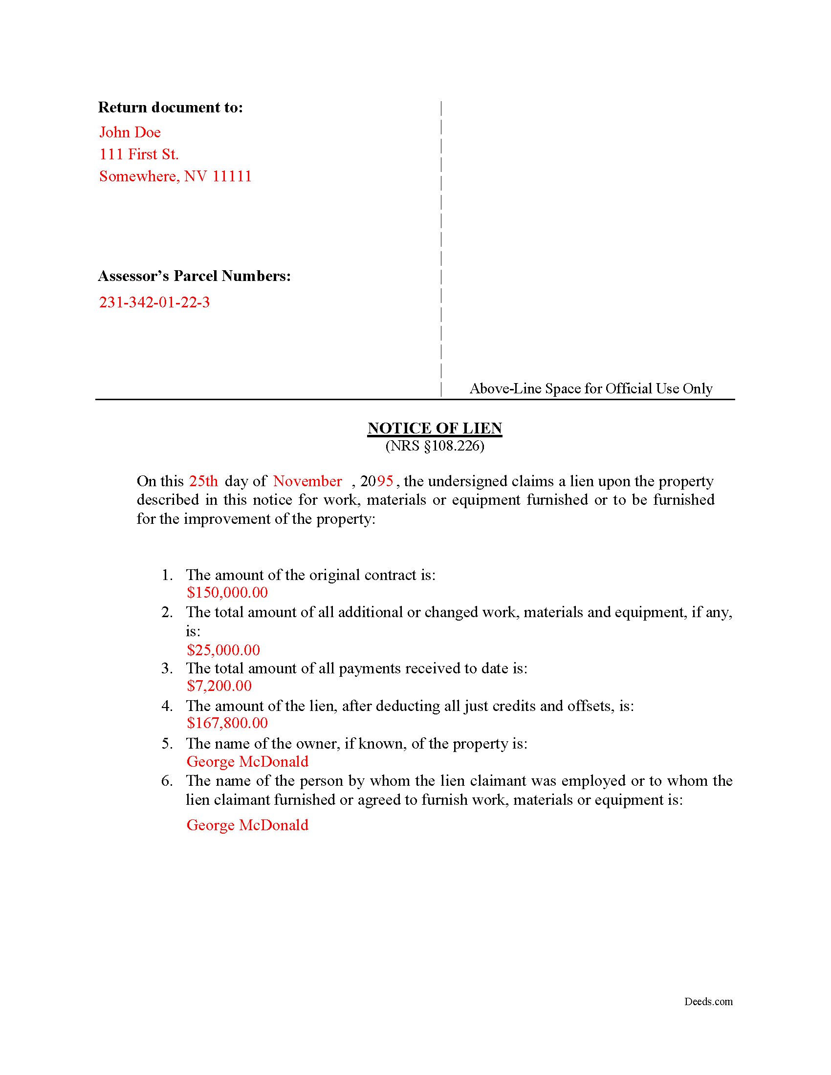 Nye County Completed Example of the Notice of Mechanics Lien Document