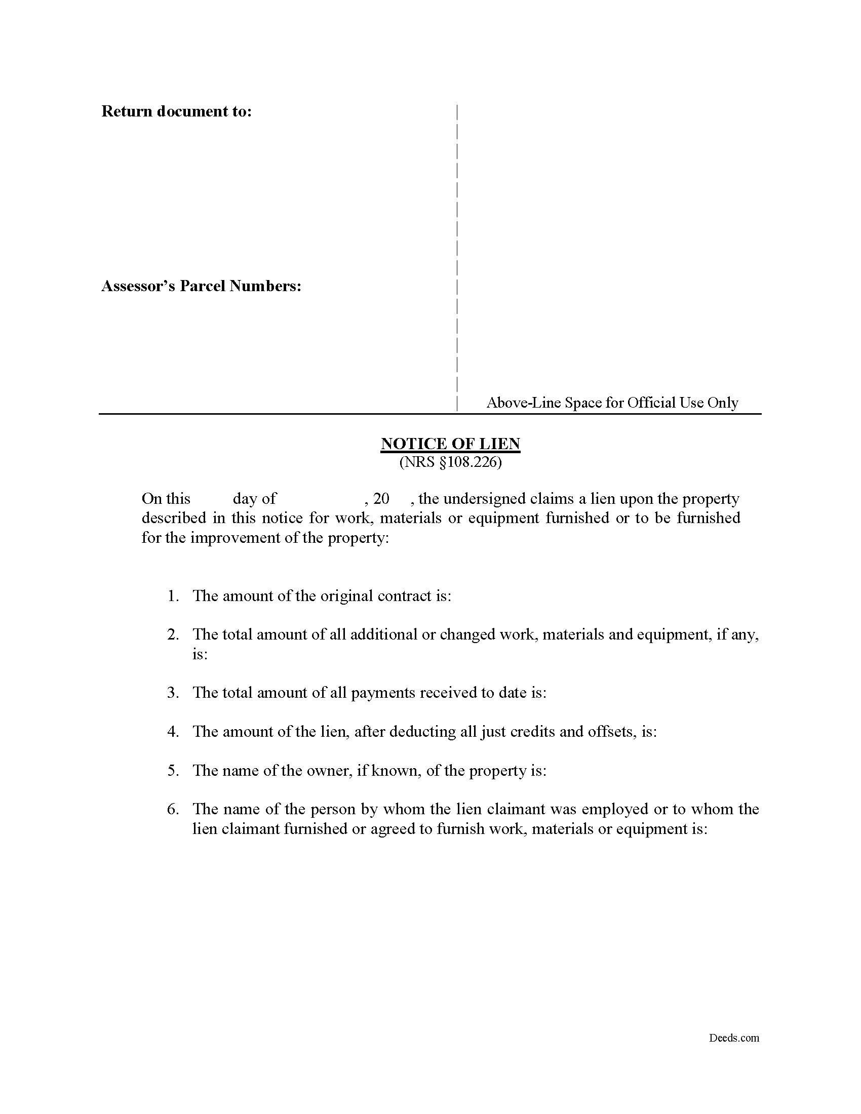 Nye County Notice of Mechanics Lien Form