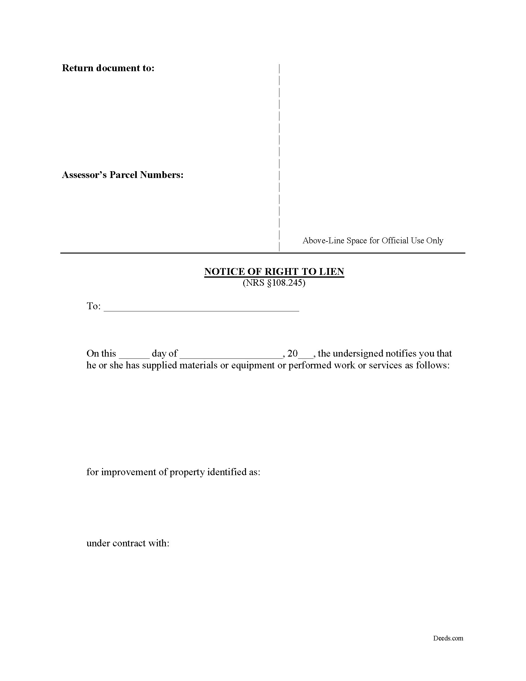 Nye County Notice of Right to Lien Form
