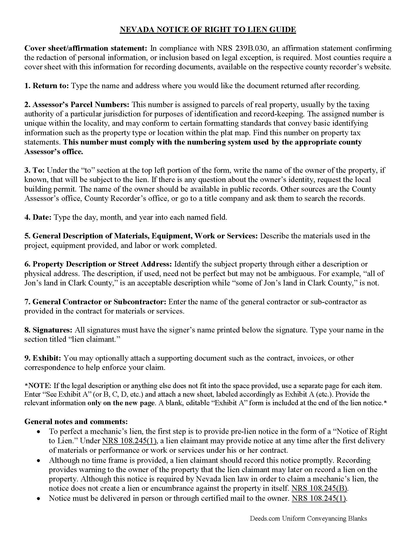 Nye County Notice of Right to Lien Guide