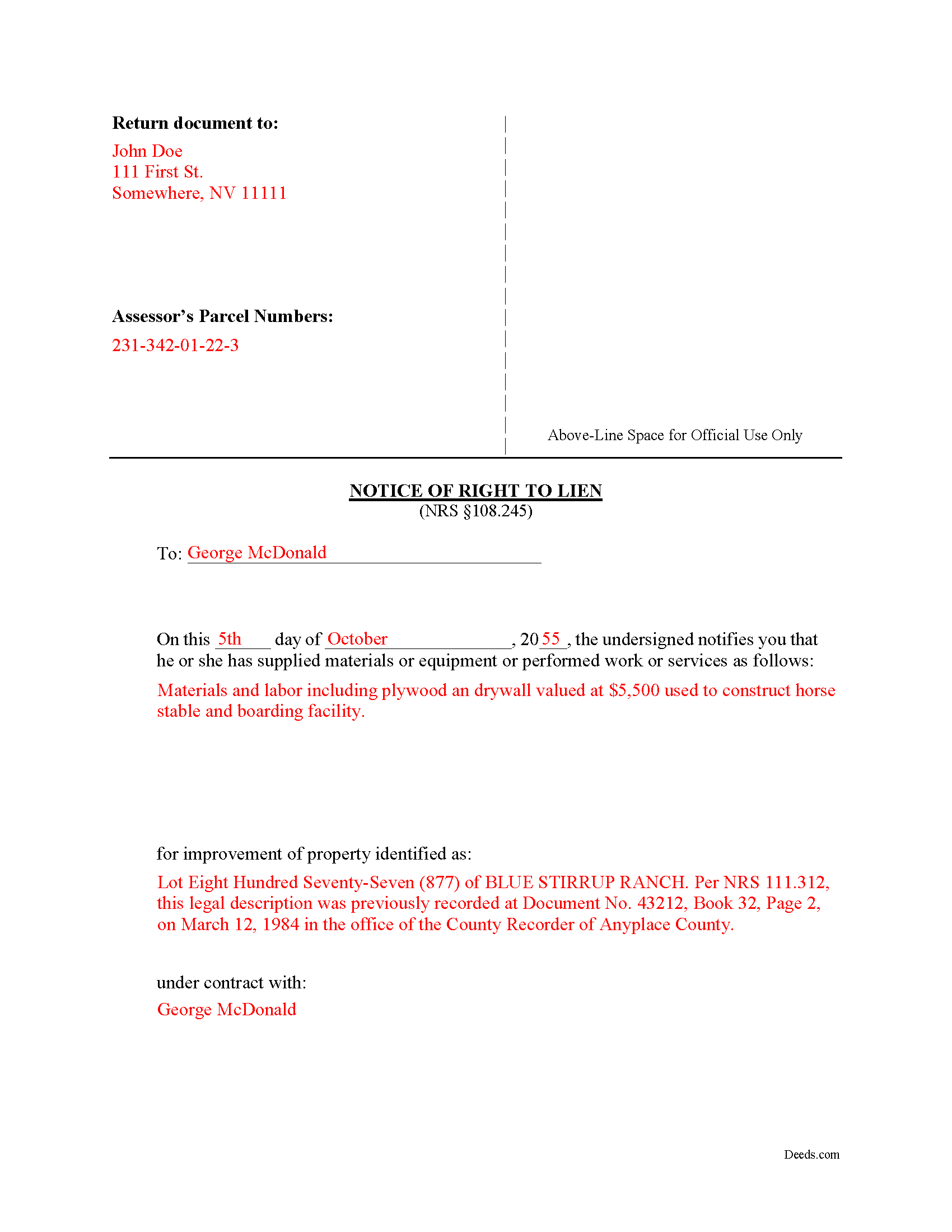 Completed Example of the Notice of Right to Lien Document