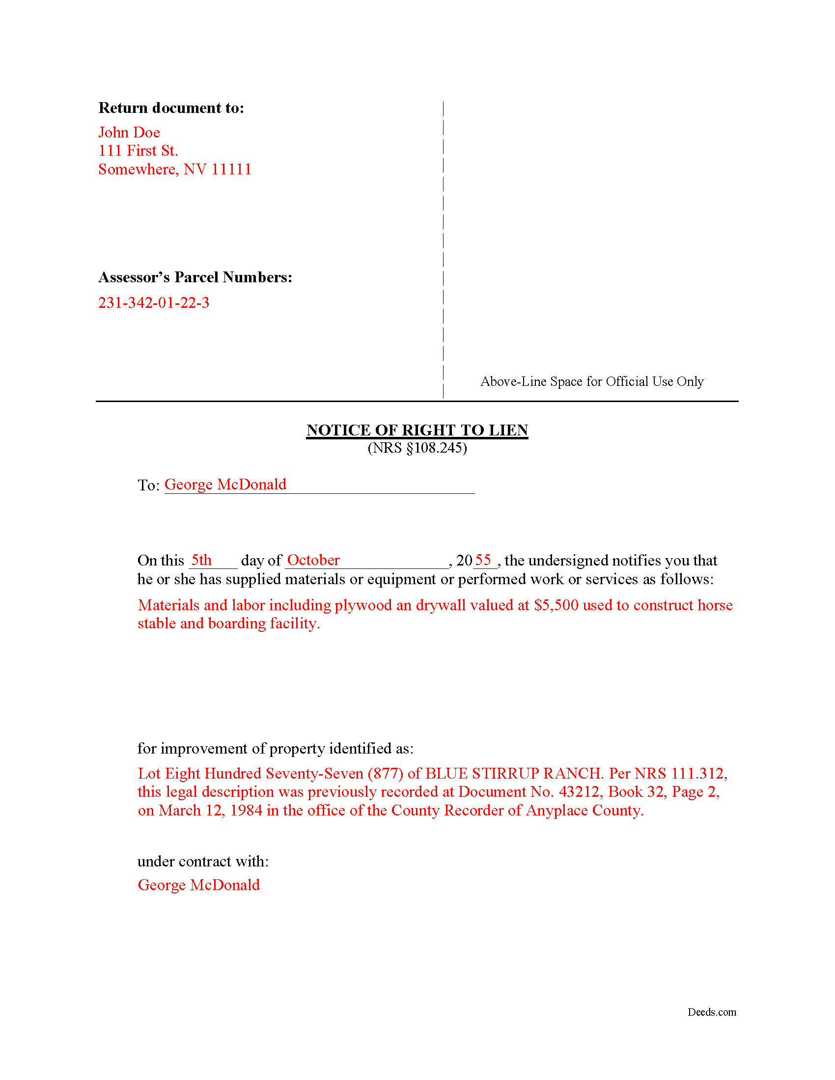 Nye County Completed Example of the Notice of Right to Lien Document