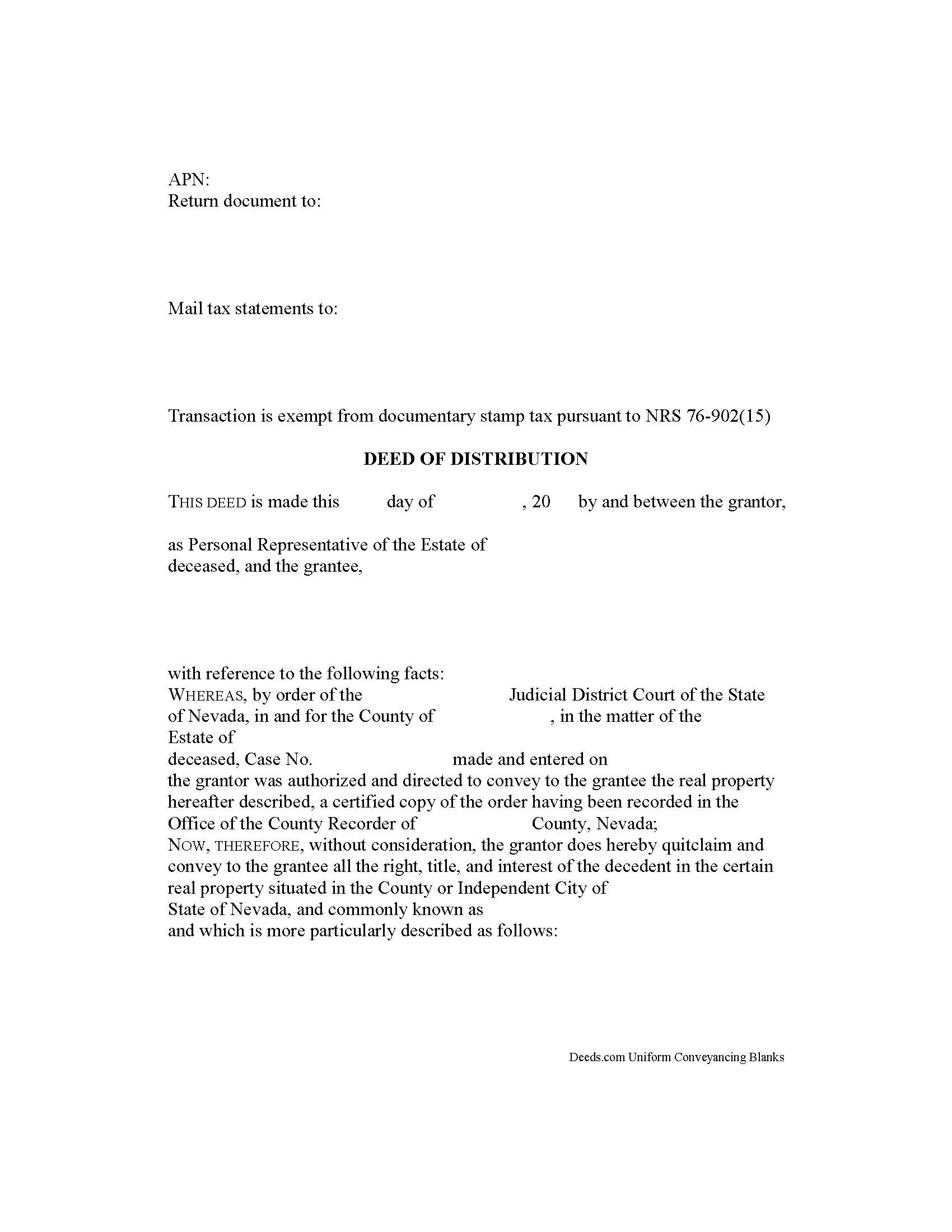 Nye County Personal Representative Deed of Distribution Form