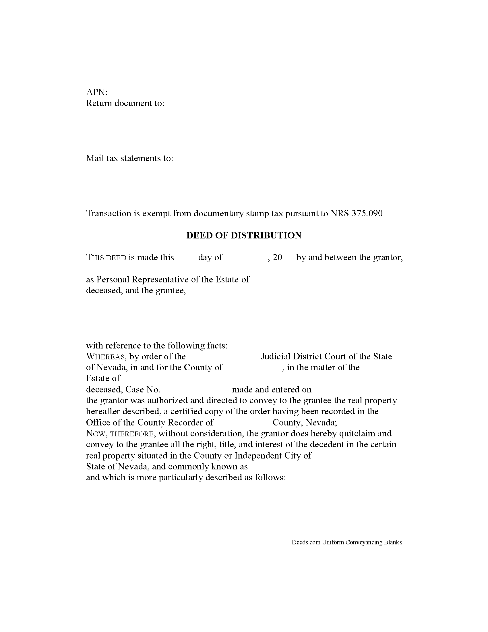 Churchill County Personal Representative Deed of Distribution Form