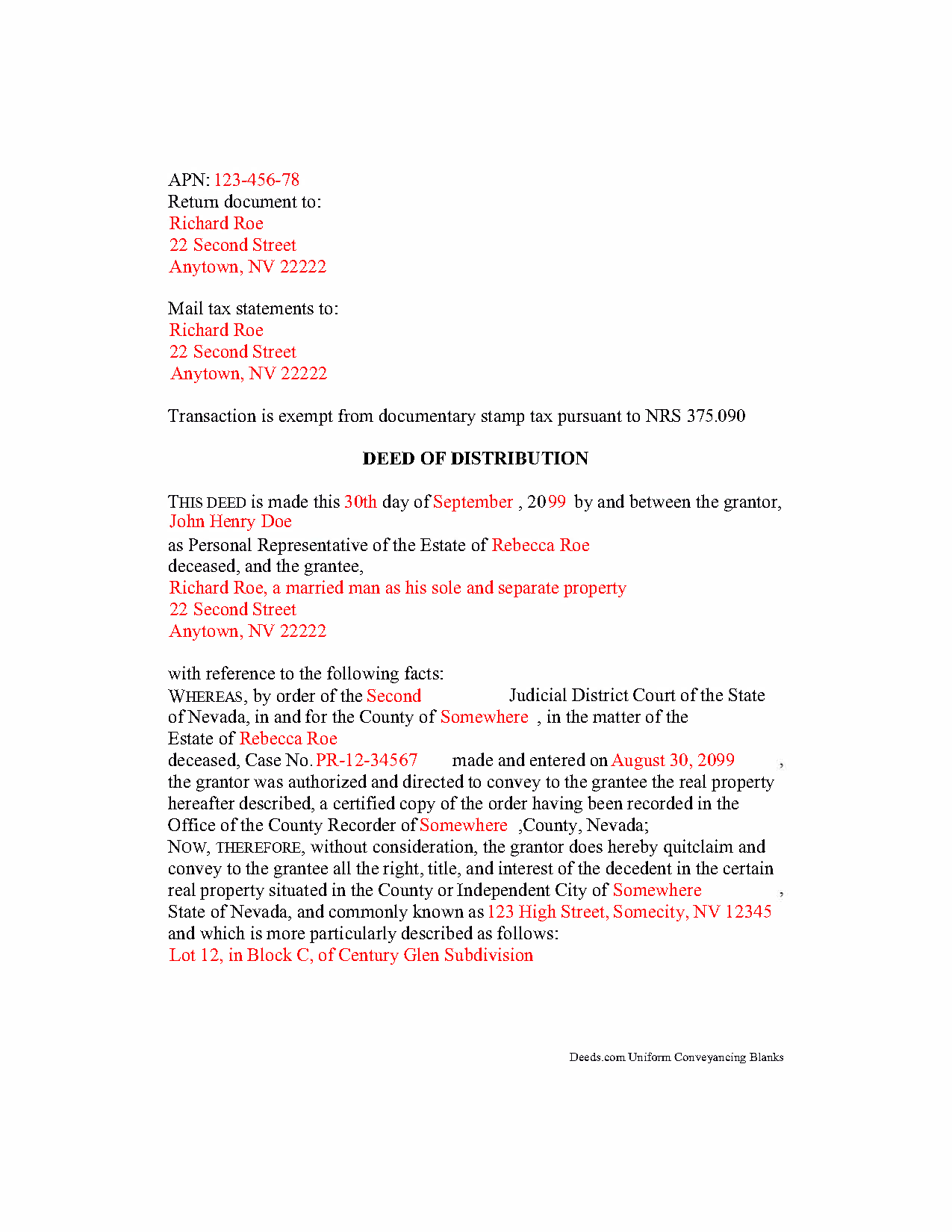 Churchill County Completed Example of the Personal Representative Deed of Distribution Document