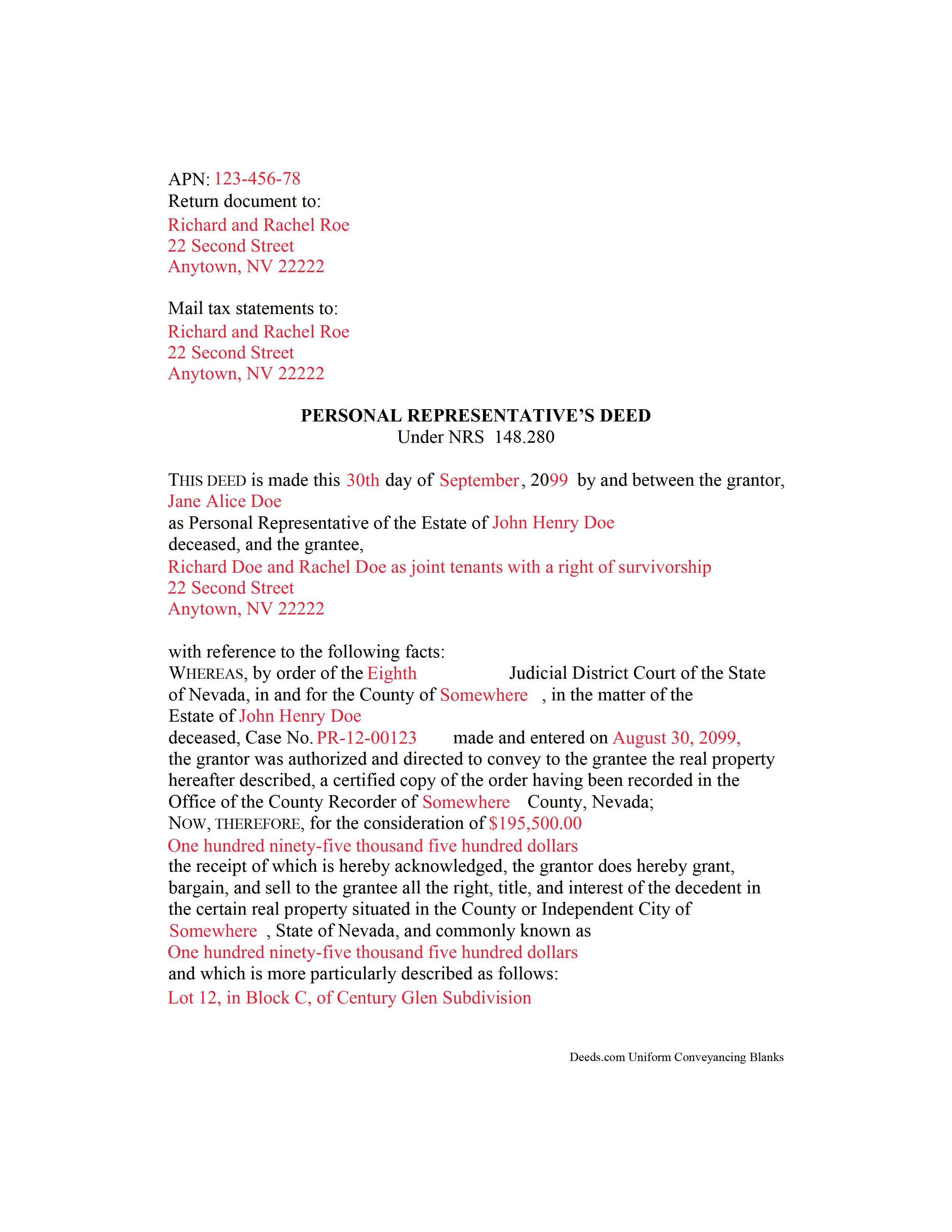 Lincoln County Completed Example of the Personal Representative Deed of Sale Document