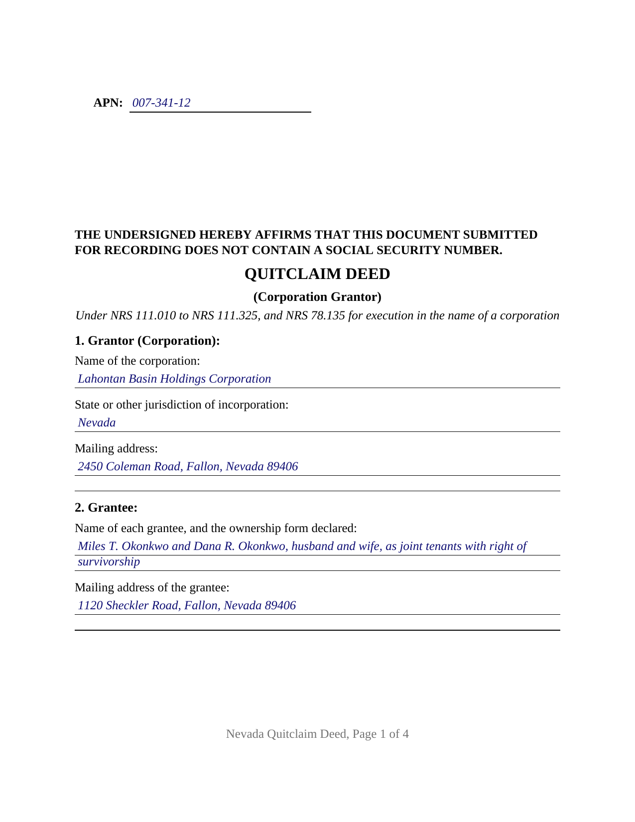 Douglas County Completed Example of the Quitclaim Deed (Corporation Grantor) Document