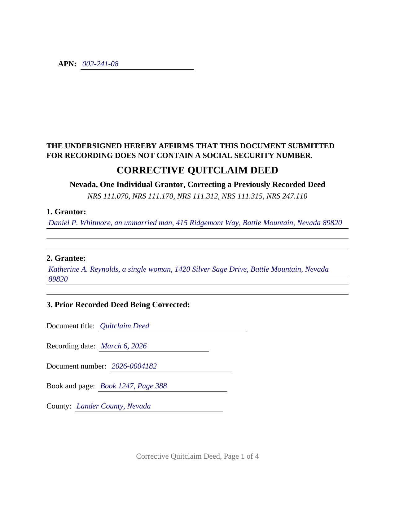 Lincoln County Completed Example of the Quitclaim Deed (Corrective) Document