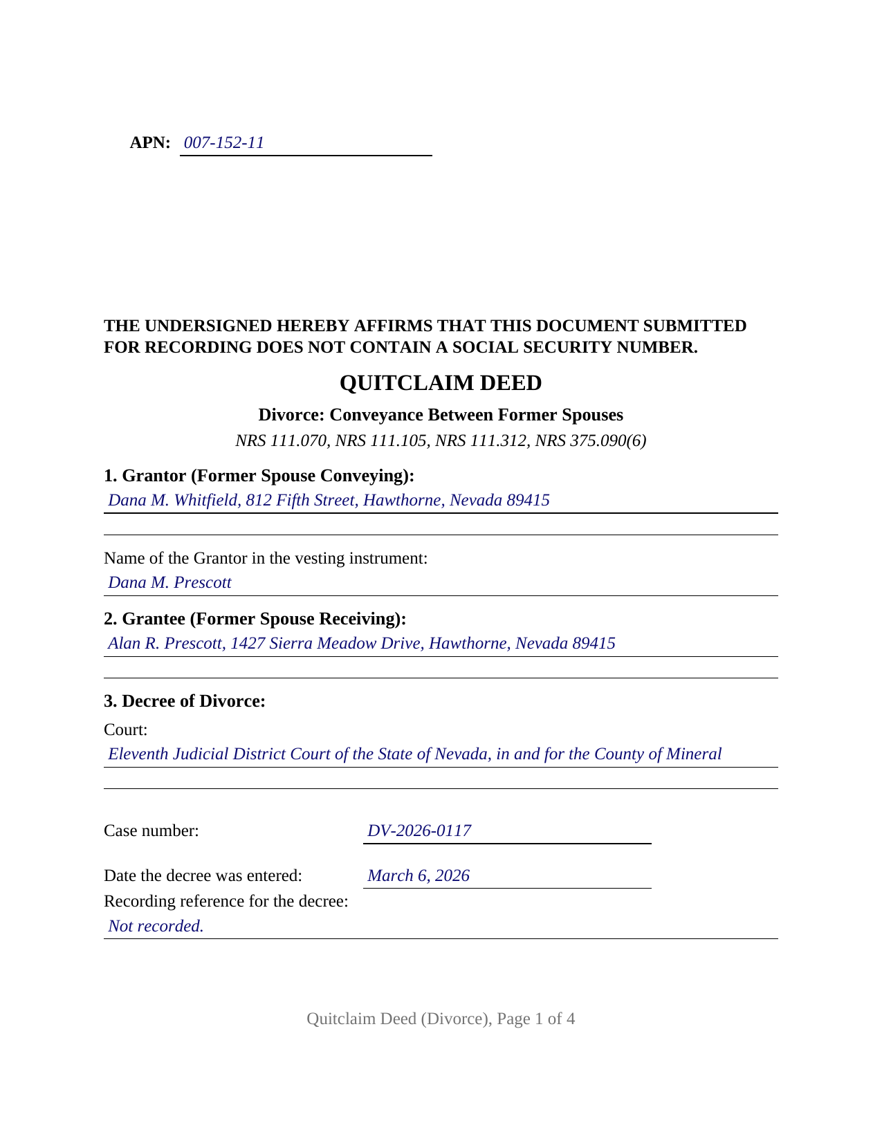 Lander County Completed Example of the Quitclaim Deed (Divorce) Document