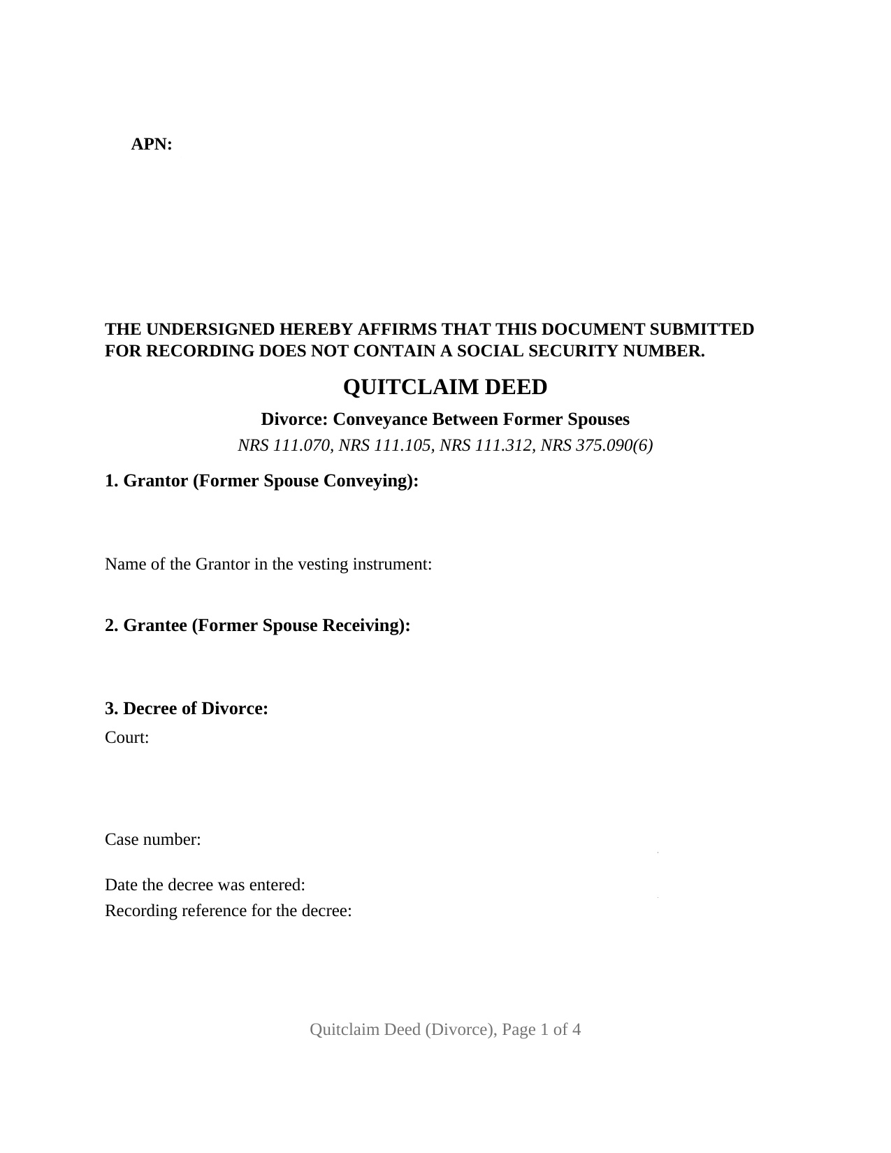 Lander County Quitclaim Deed (Divorce) Form