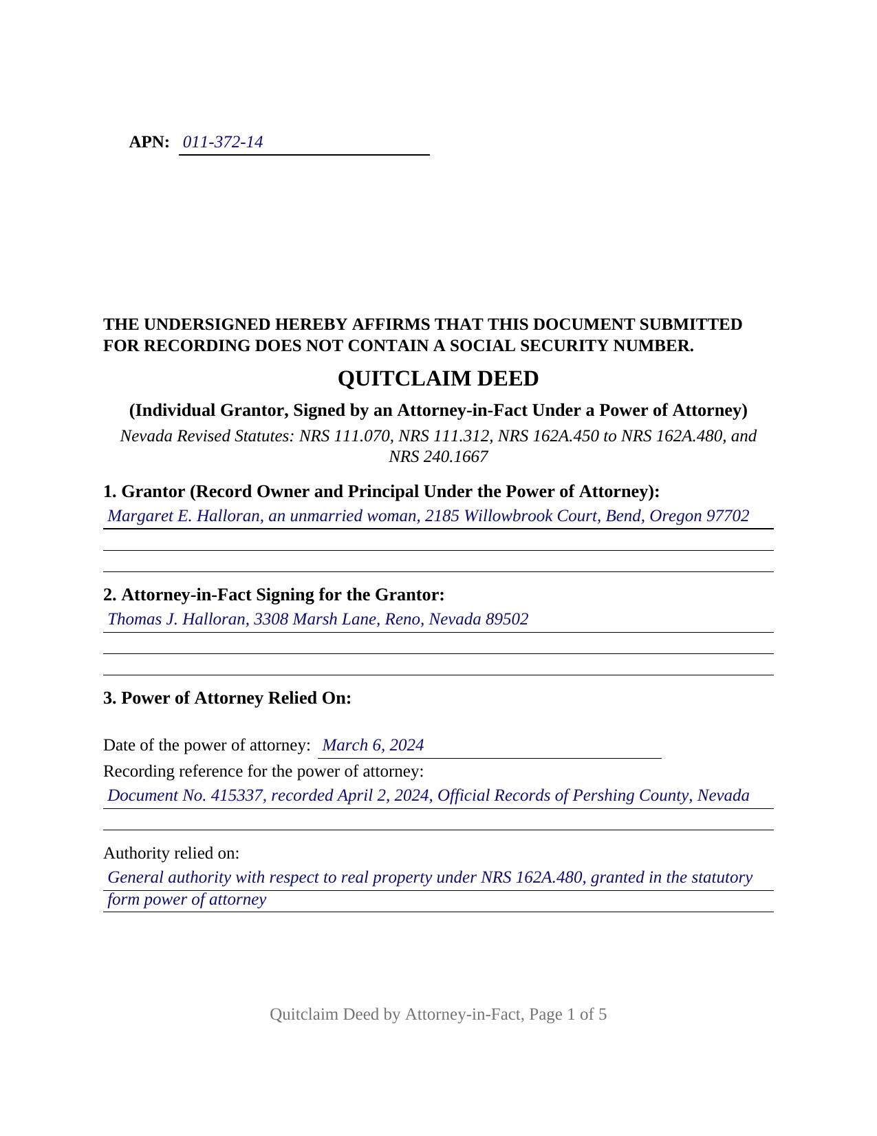 Carson City Completed Example of the Quitclaim Deed (Individual Grantor by Attorney-in-Fact) Document