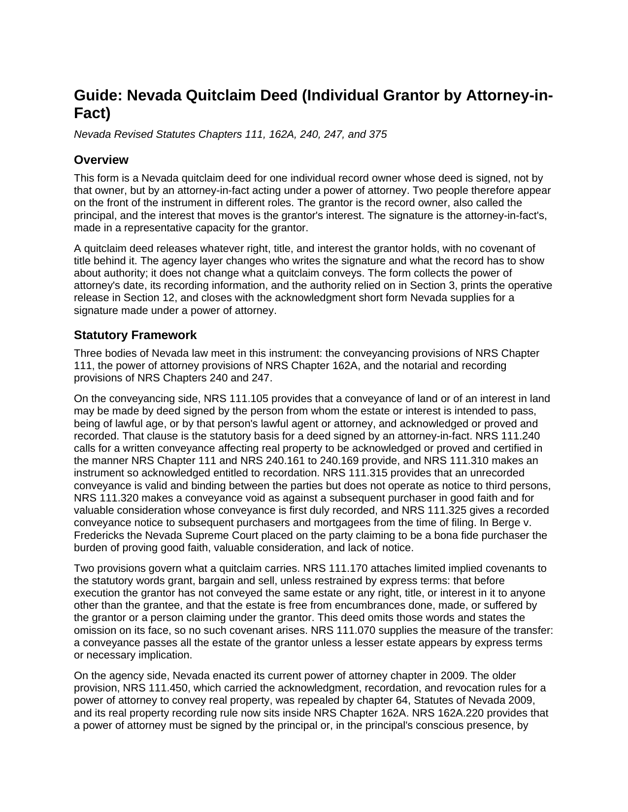 Carson City Quitclaim Deed (Individual Grantor by Attorney-in-Fact) Guide