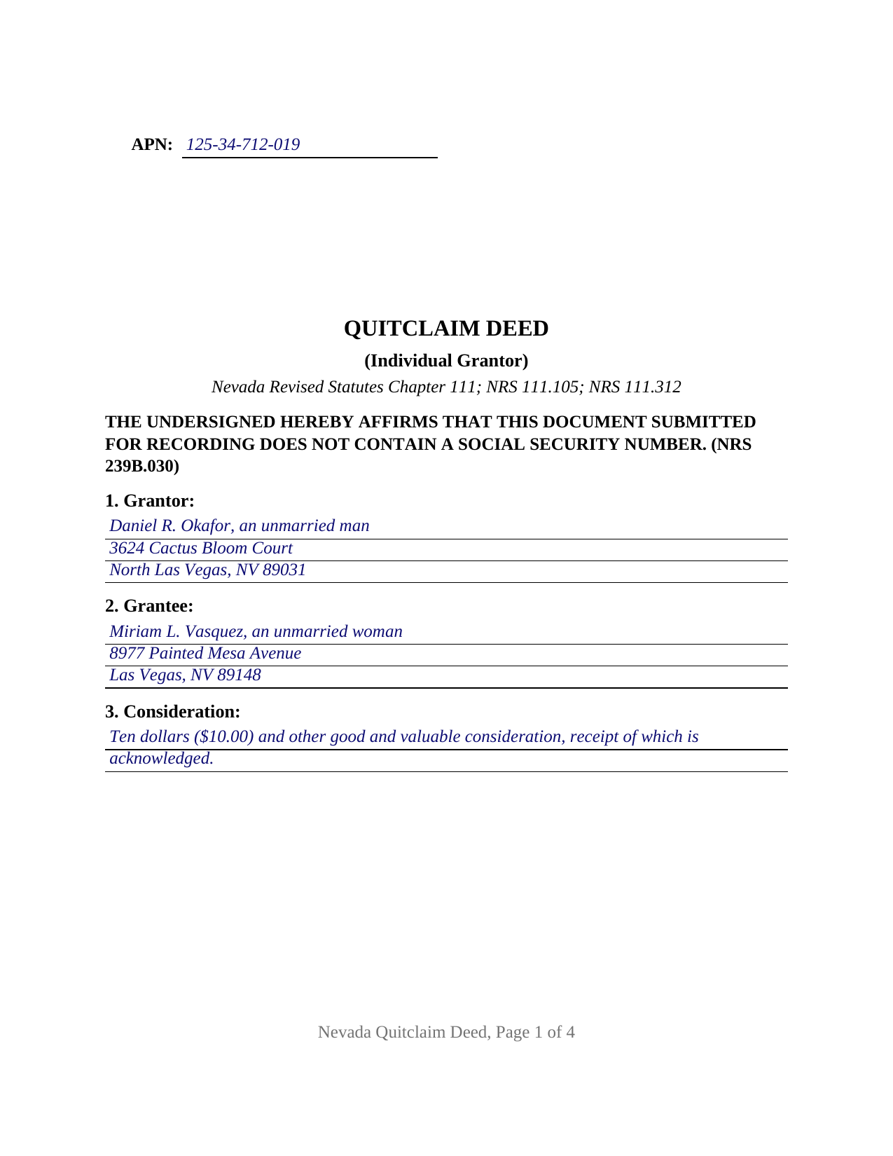 Mineral County Completed Example of the Quitclaim Deed (Individual Grantor) Document