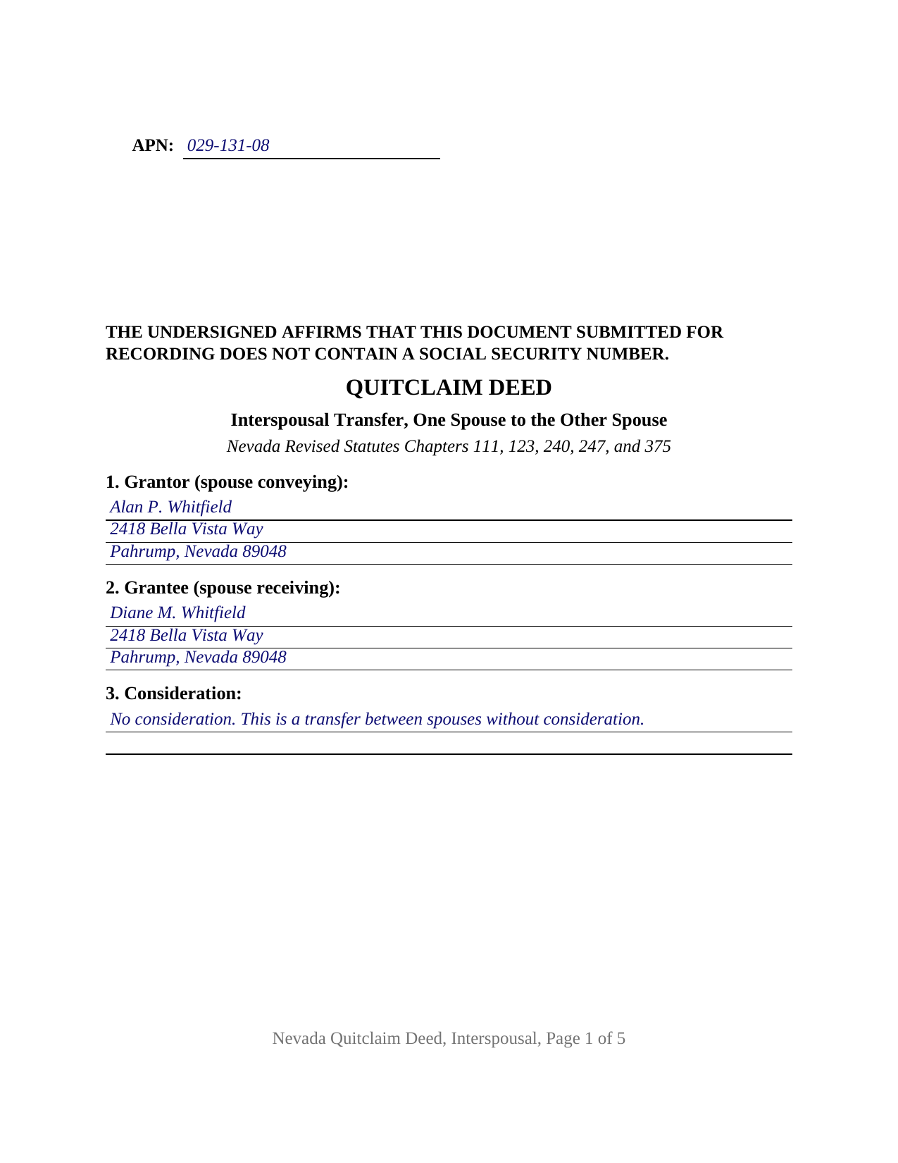 Douglas County Completed Example of the Quitclaim Deed (Interspousal) Document
