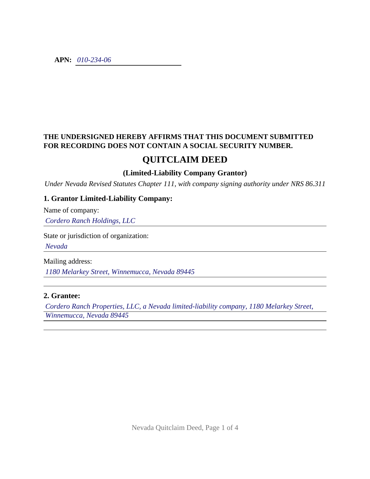 Esmeralda County Completed Example of the Quitclaim Deed (LLC Grantor) Document
