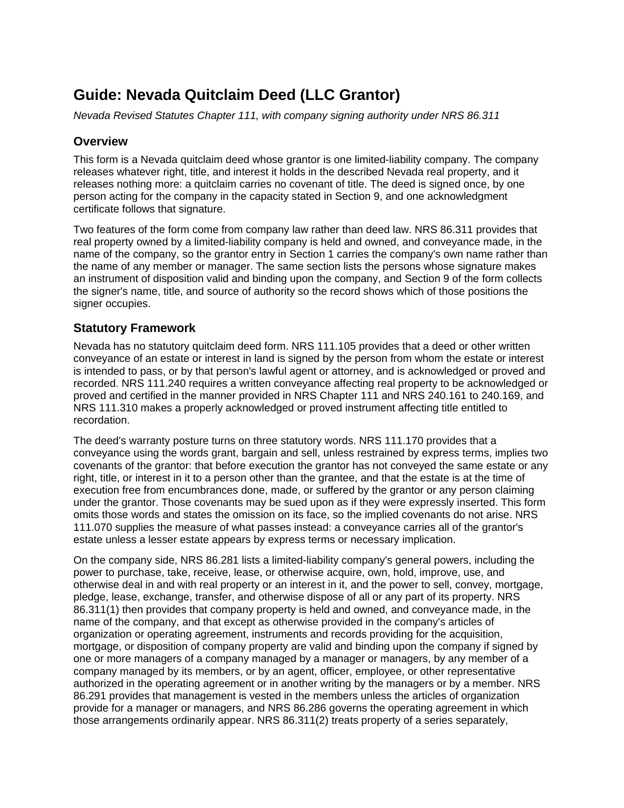 Esmeralda County Quitclaim Deed (LLC Grantor) Guide