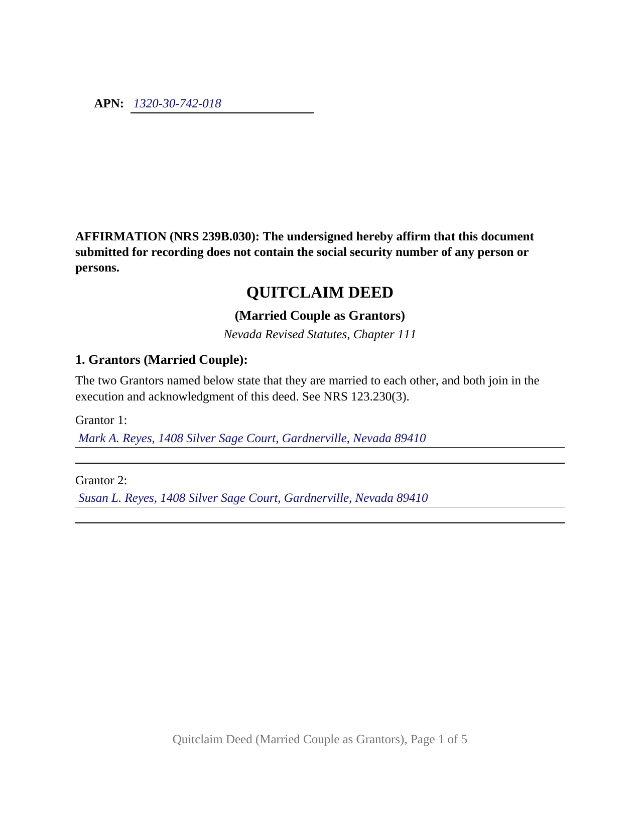 Douglas County Completed Example of the Quitclaim Deed (Married Couple as Grantors) Document