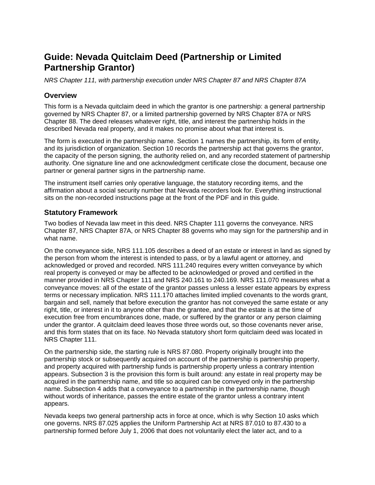 Clark County Quitclaim Deed (Partnership or Limited Partnership Grantor) Guide