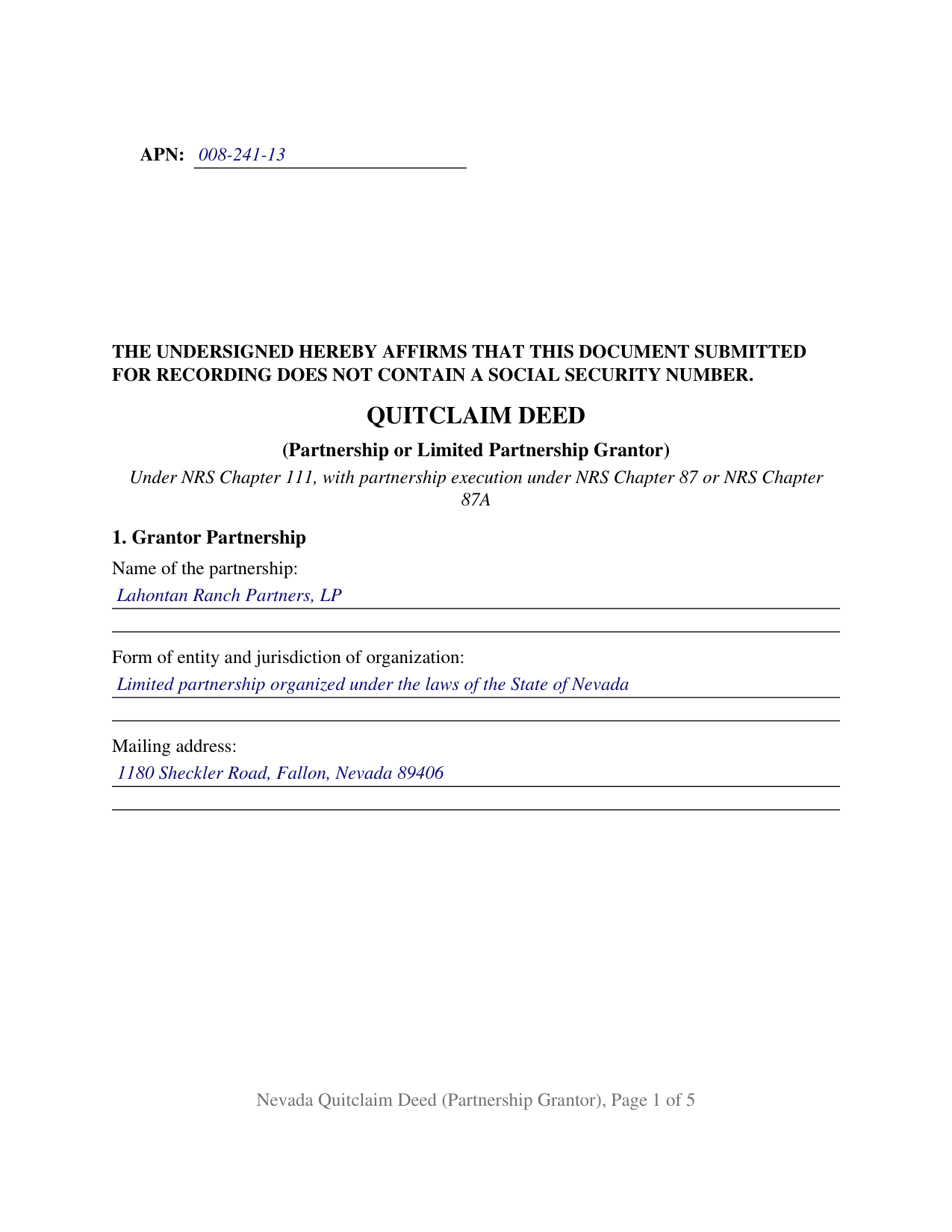 Clark County Completed Example of the Quitclaim Deed (Partnership or Limited Partnership Grantor) Document
