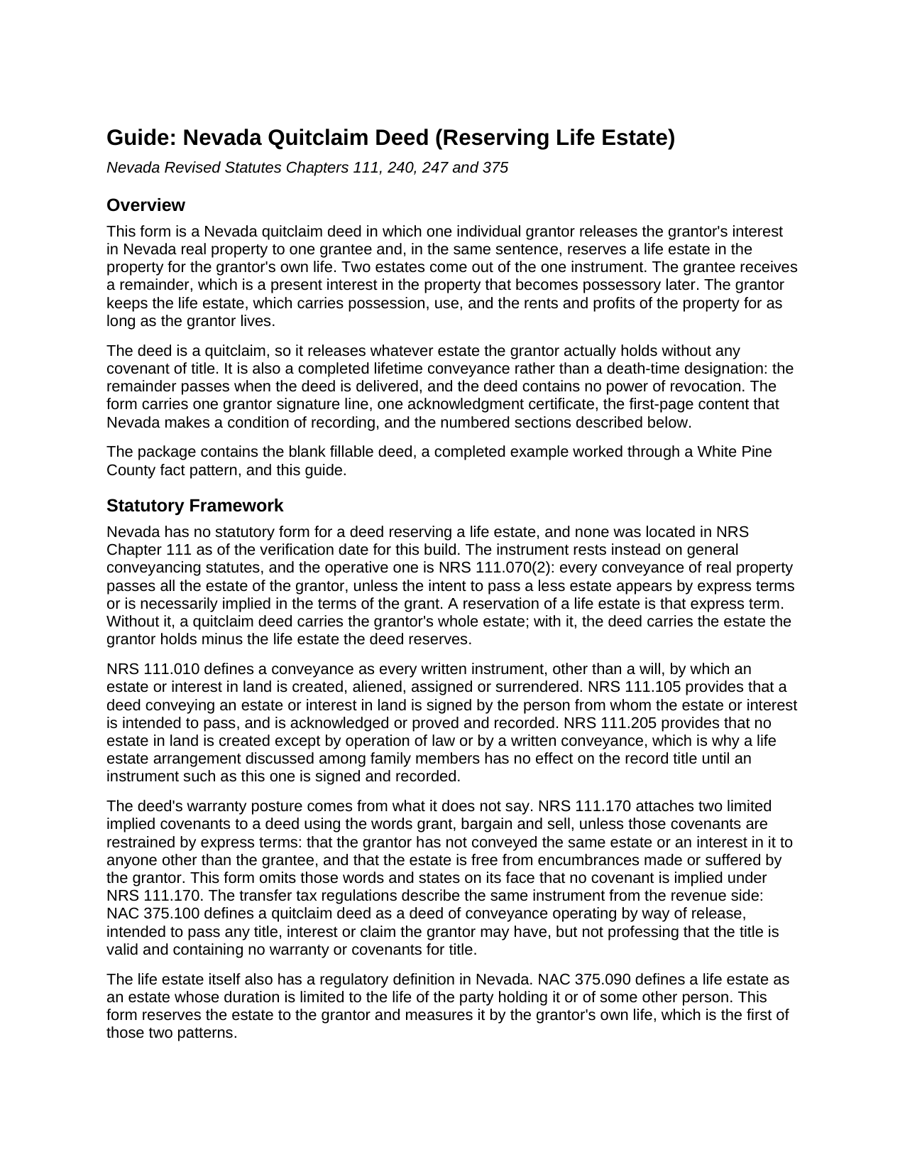 Clark County Quitclaim Deed (Reserving Life Estate) Guide