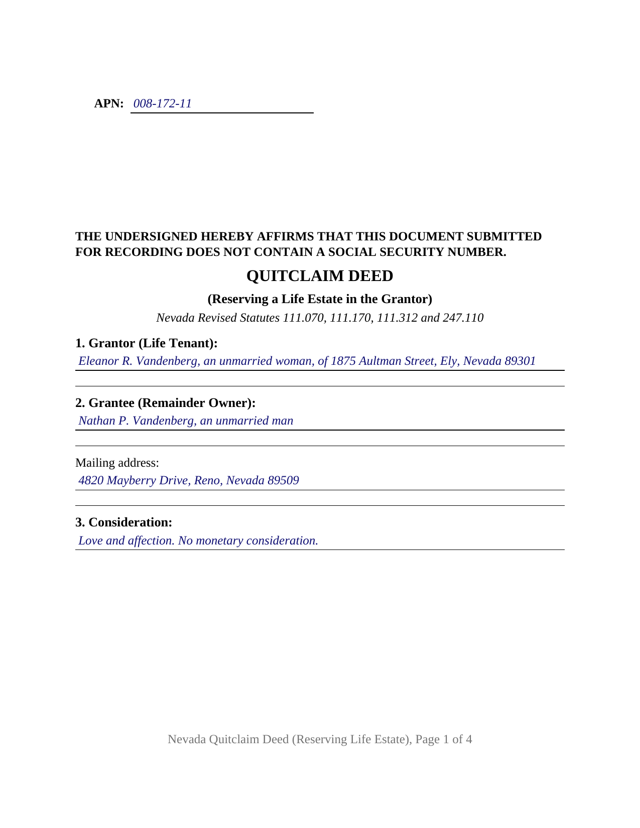 Clark County Completed Example of the Quitclaim Deed (Reserving Life Estate) Document