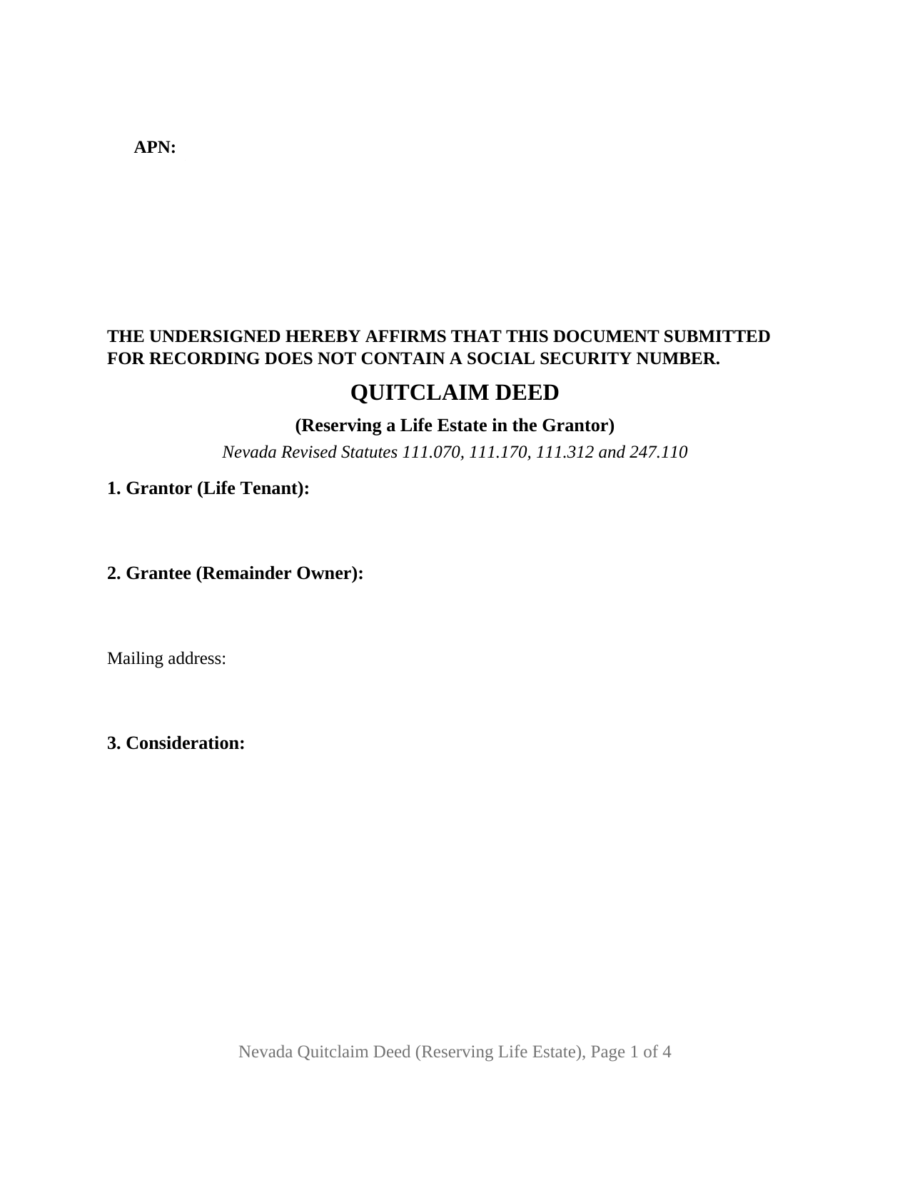Clark County Quitclaim Deed (Reserving Life Estate) Form