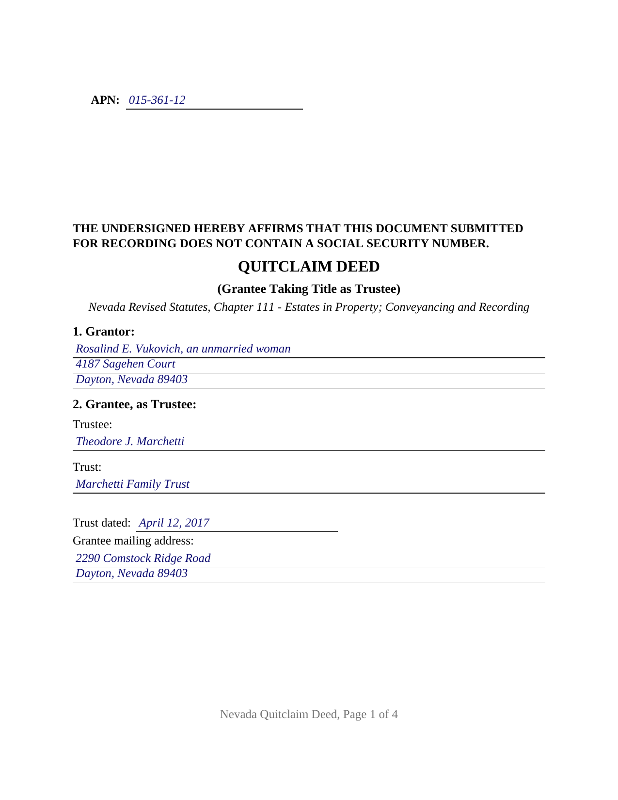 Nye County Completed Example of the Quitclaim Deed (Trustee Grantee) Document