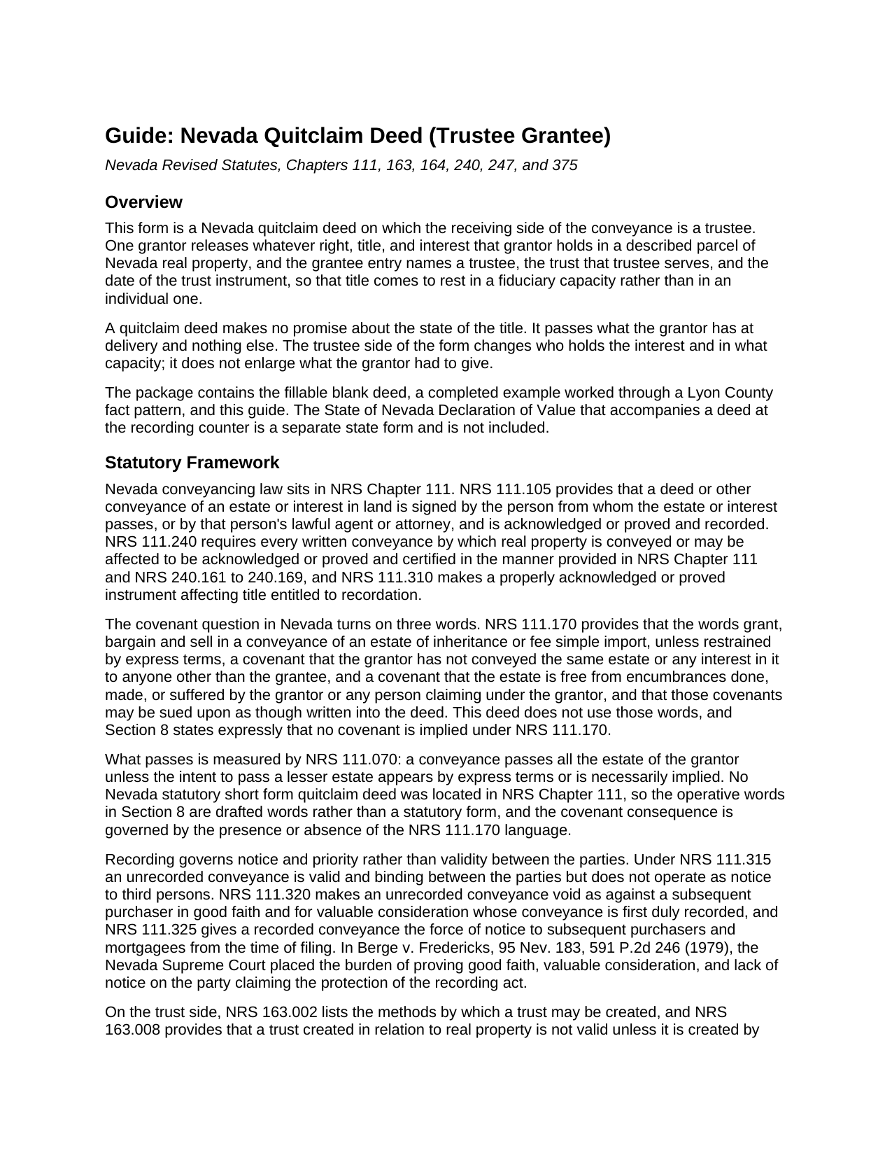 Nye County Quitclaim Deed (Trustee Grantee) Guide