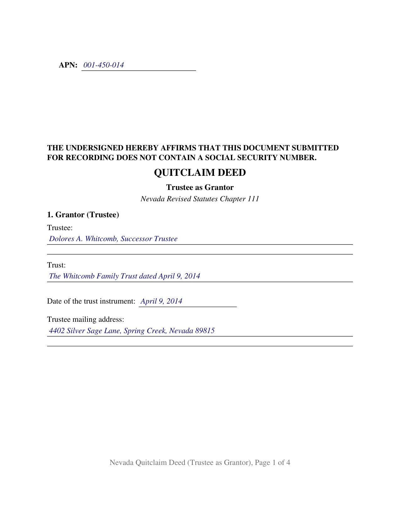 Eureka County Completed Example of the Quitclaim Deed (Trustee Grantor) Document