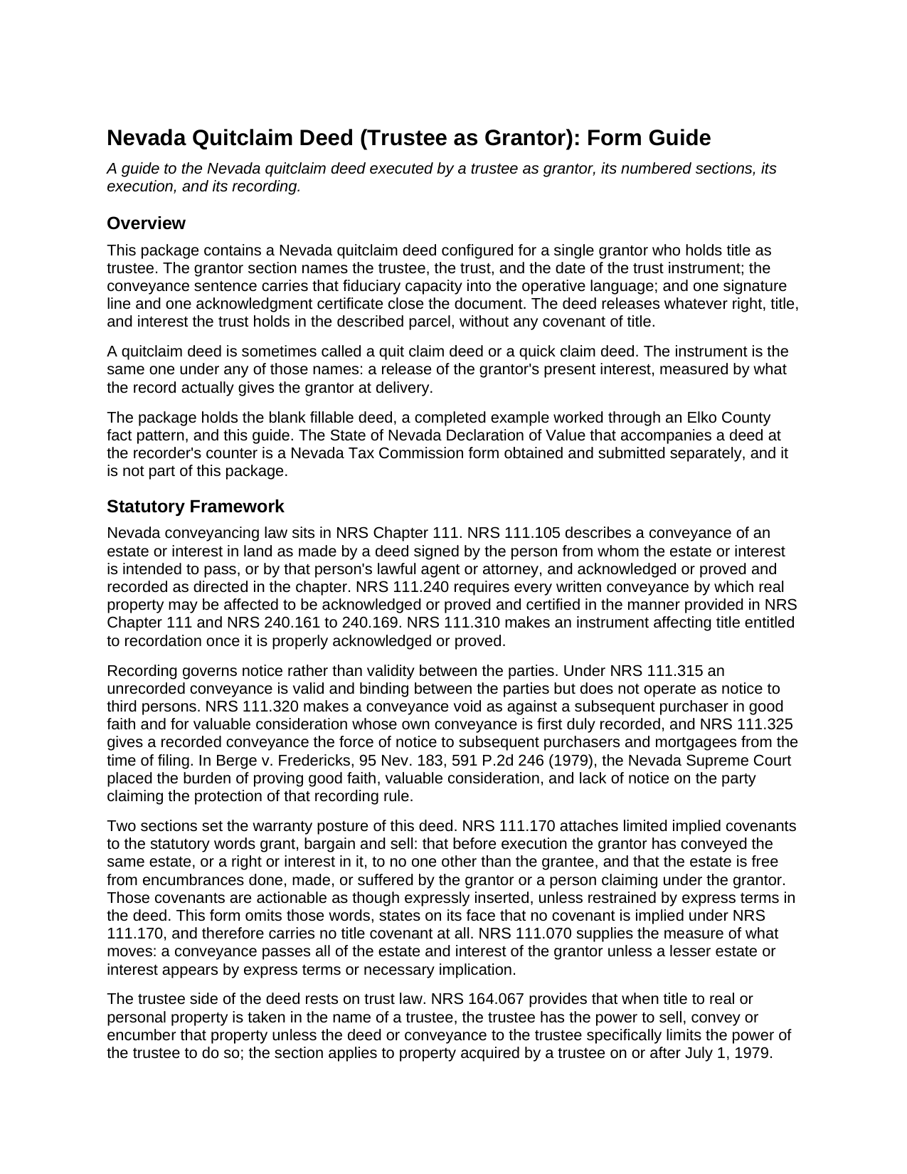 Eureka County Quitclaim Deed (Trustee Grantor) Guide