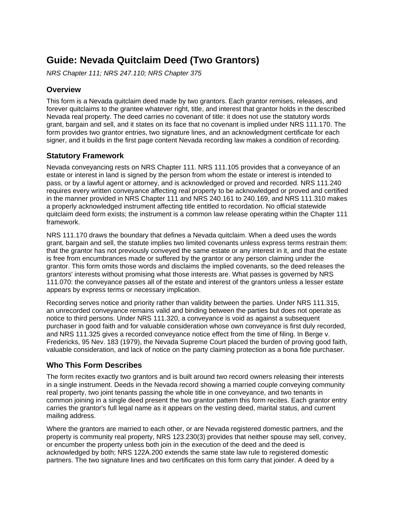 Carson City Quitclaim Deed (Two Grantors) Guide