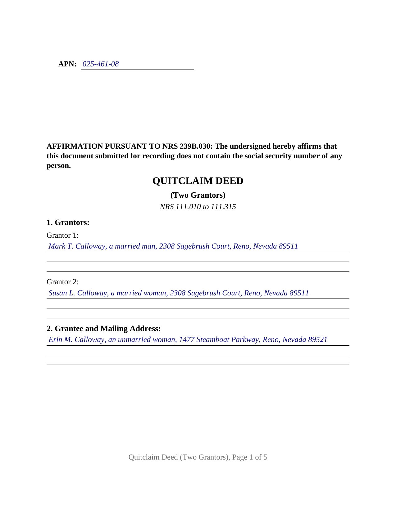 Carson City Completed Example of the Quitclaim Deed (Two Grantors) Document