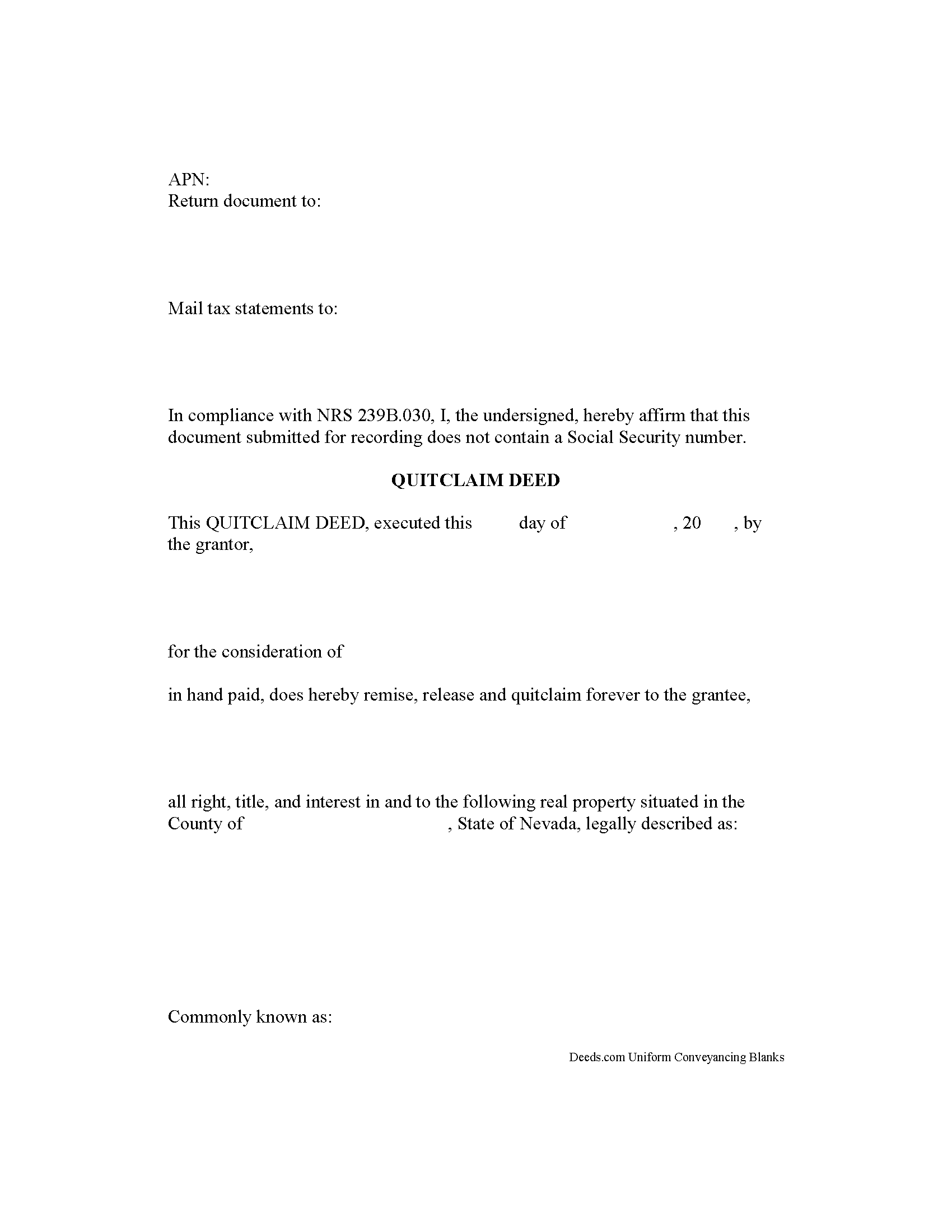 Nye County Quitclaim Deed Form