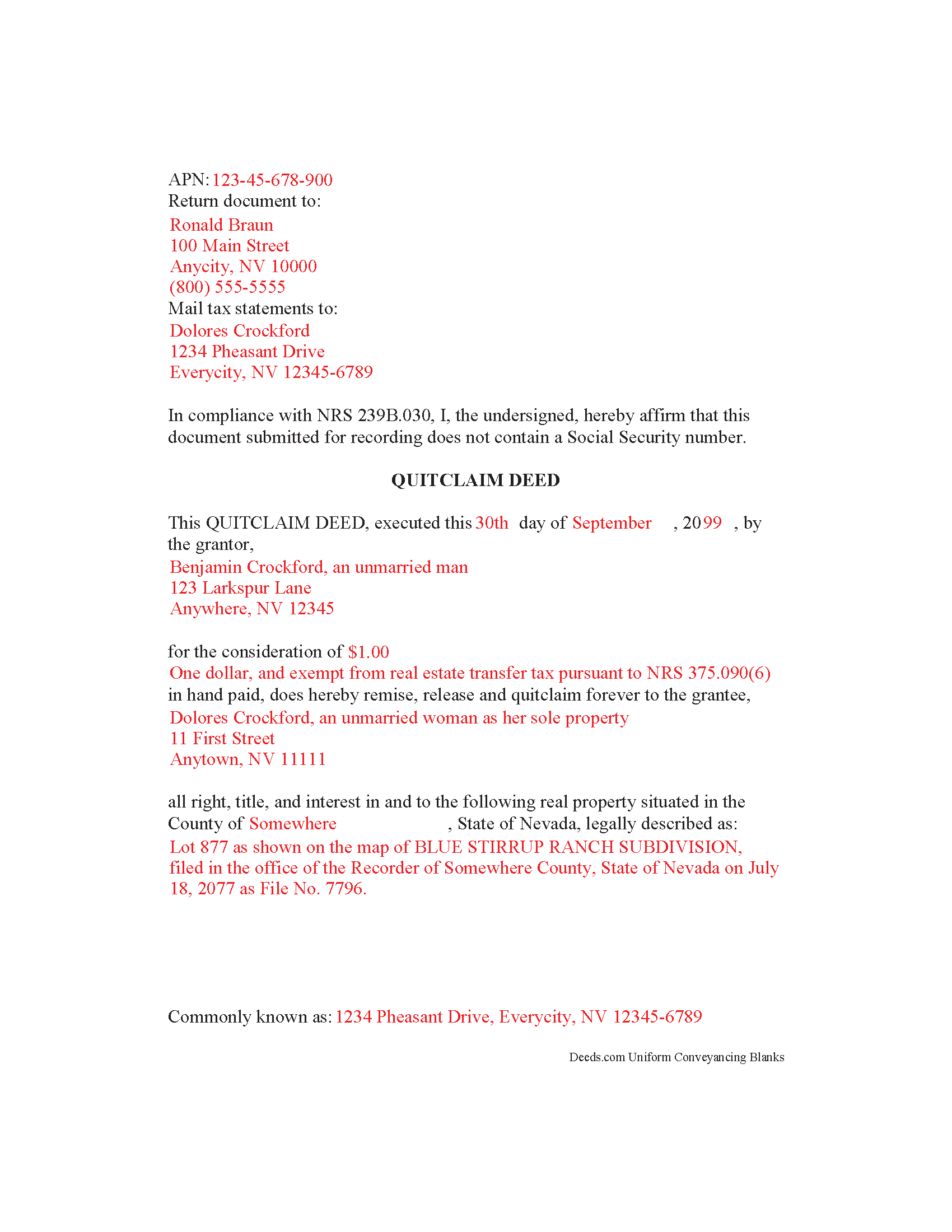 Completed Example of the Quitclaim Deed Document