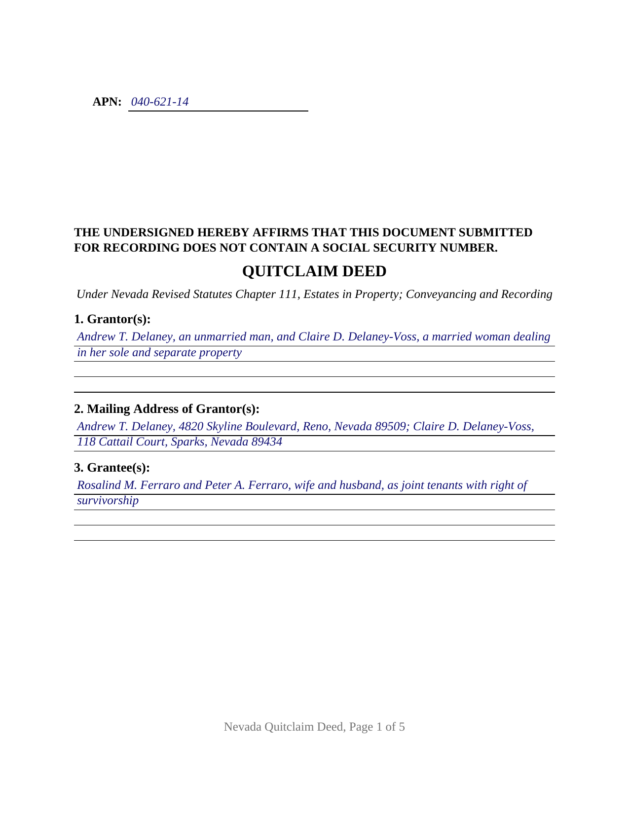 Clark County Completed Example of the Quitclaim Deed Document