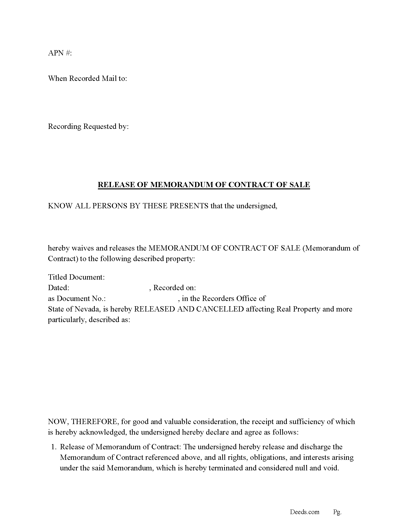 Lincoln County Release of Memorandum of Contract of Sale Form