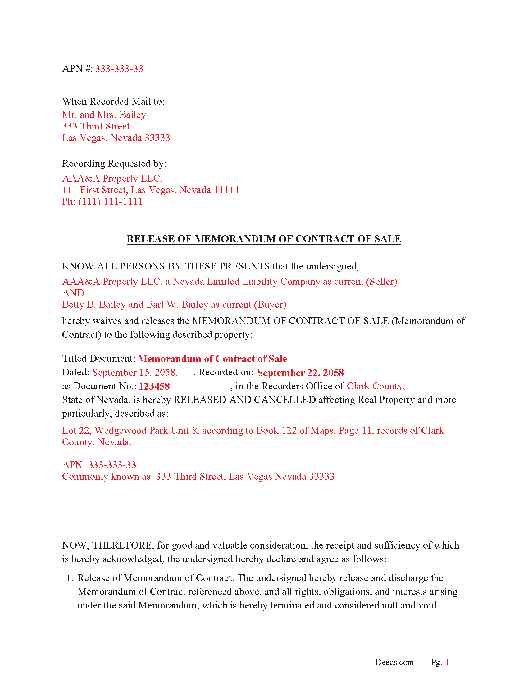 Lincoln County Completed Example of the Release of Memorandum of Contract of Sale Document