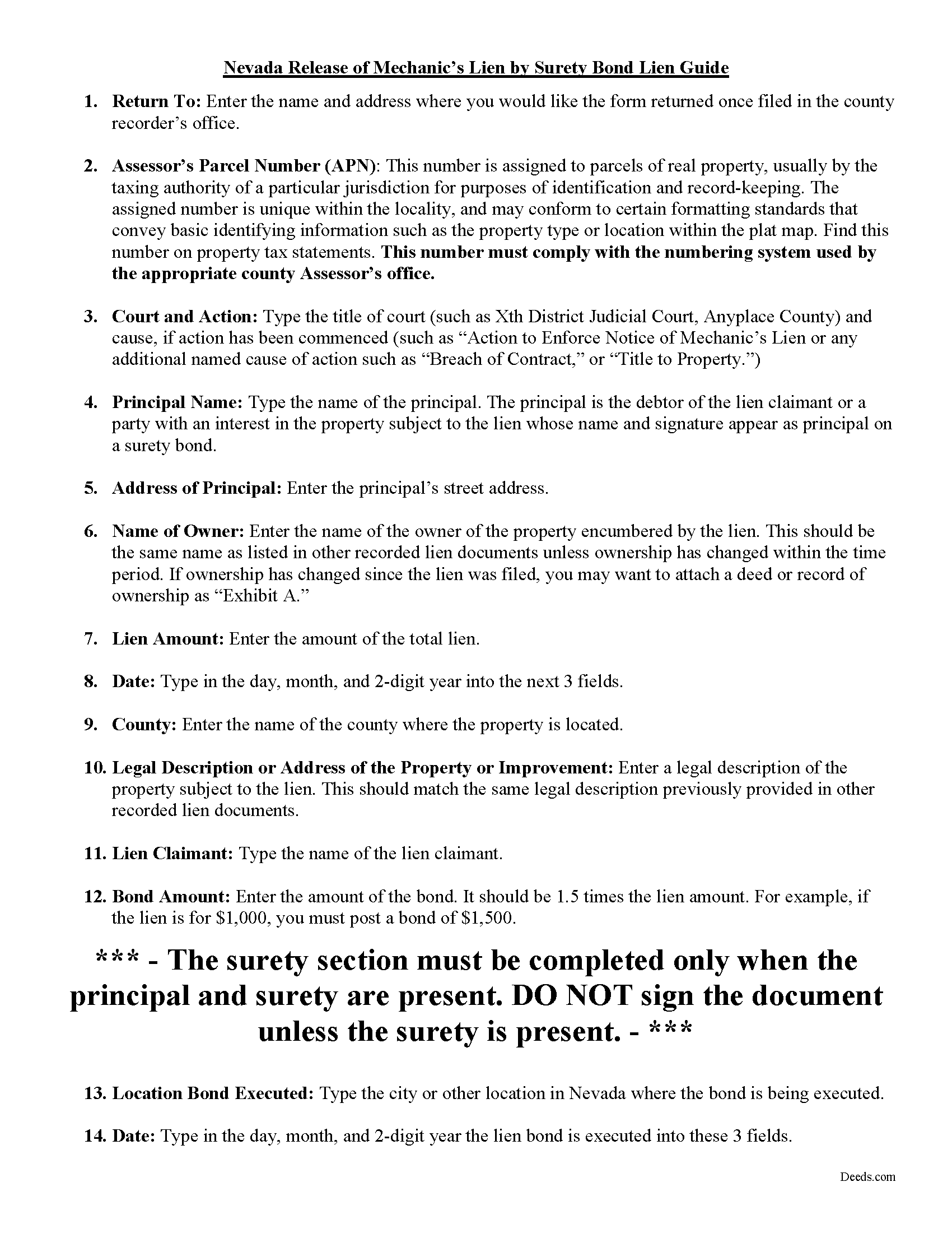 Nye County Release of Notice of Lien by Surety Bond Guide