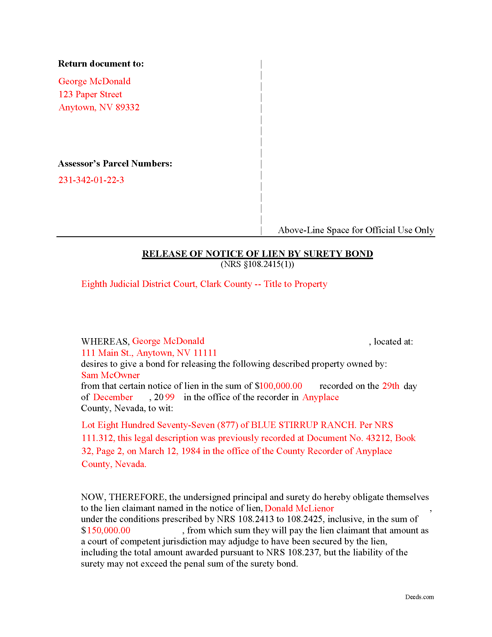 Completed Example of the Release of Notice of Lien by Surety Bond Document