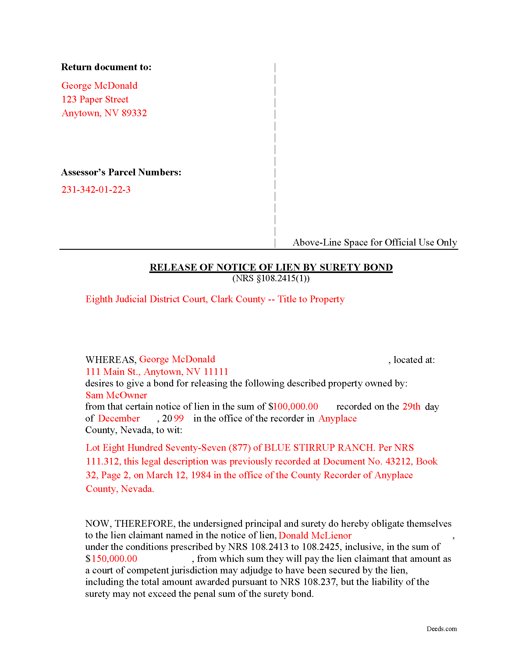 Nye County Completed Example of the Release of Notice of Lien by Surety Bond Document