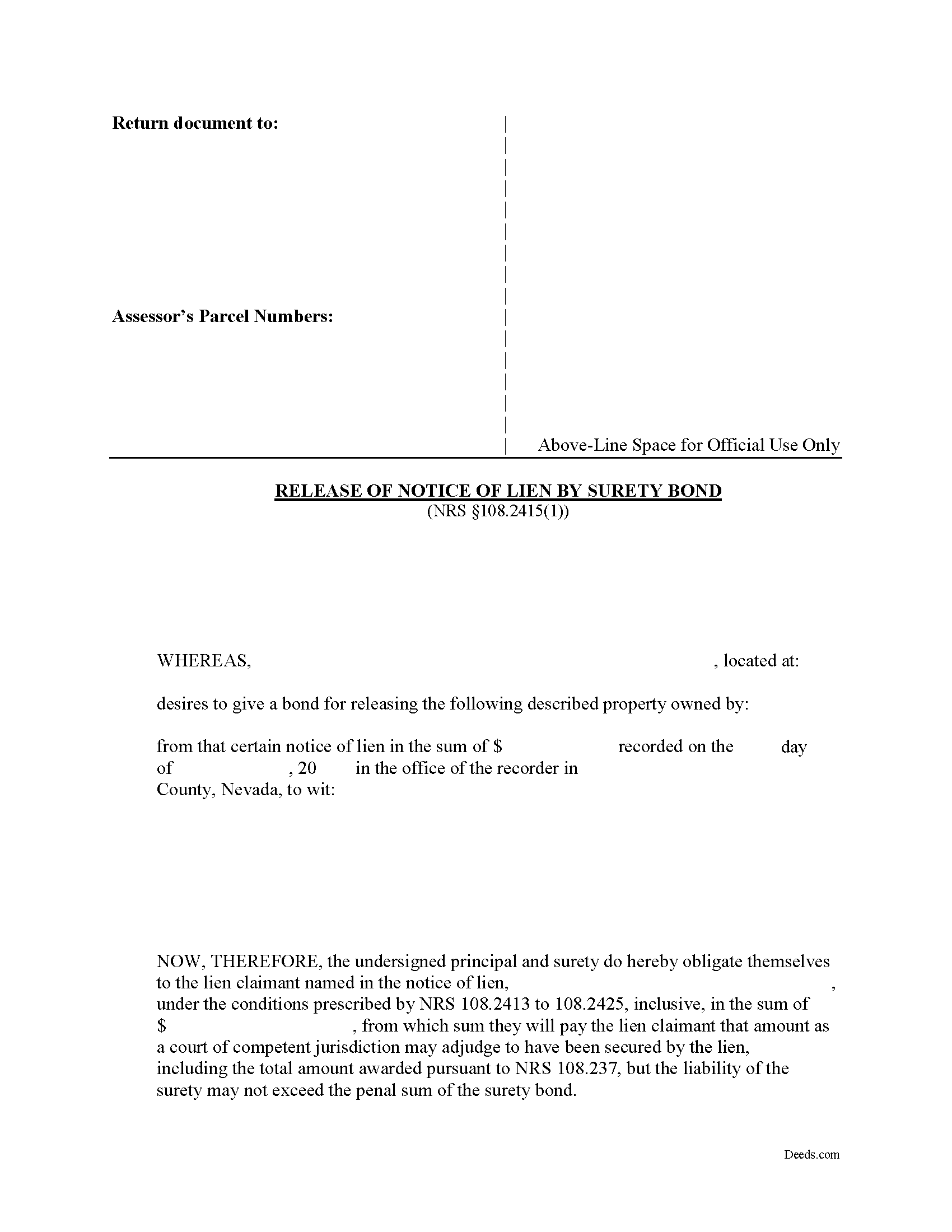 Nye County Release of Notice of Lien by Surety Bond Form