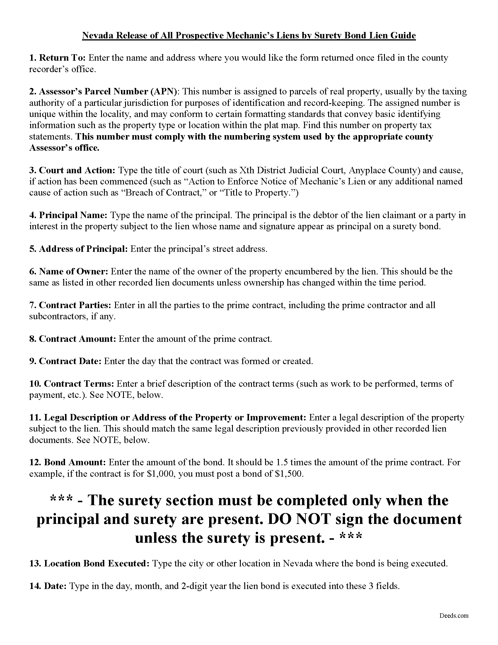 Nye County Release of Prospective Lien by Surety Bond Guide