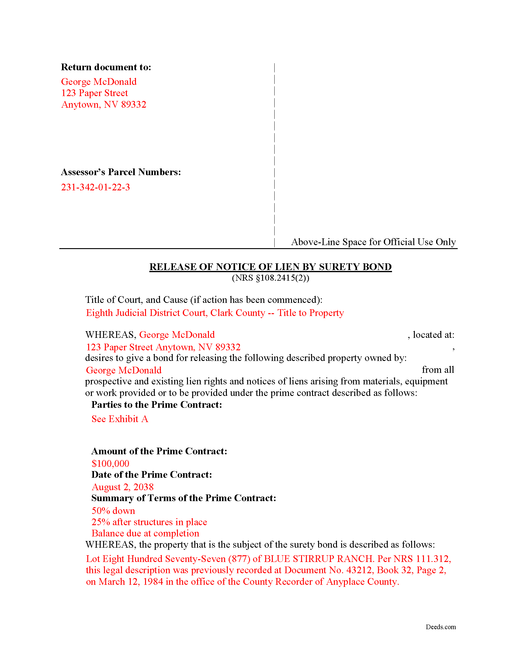Nye County Completed Example of the Release of Prospective Lien by Surety Bond Document