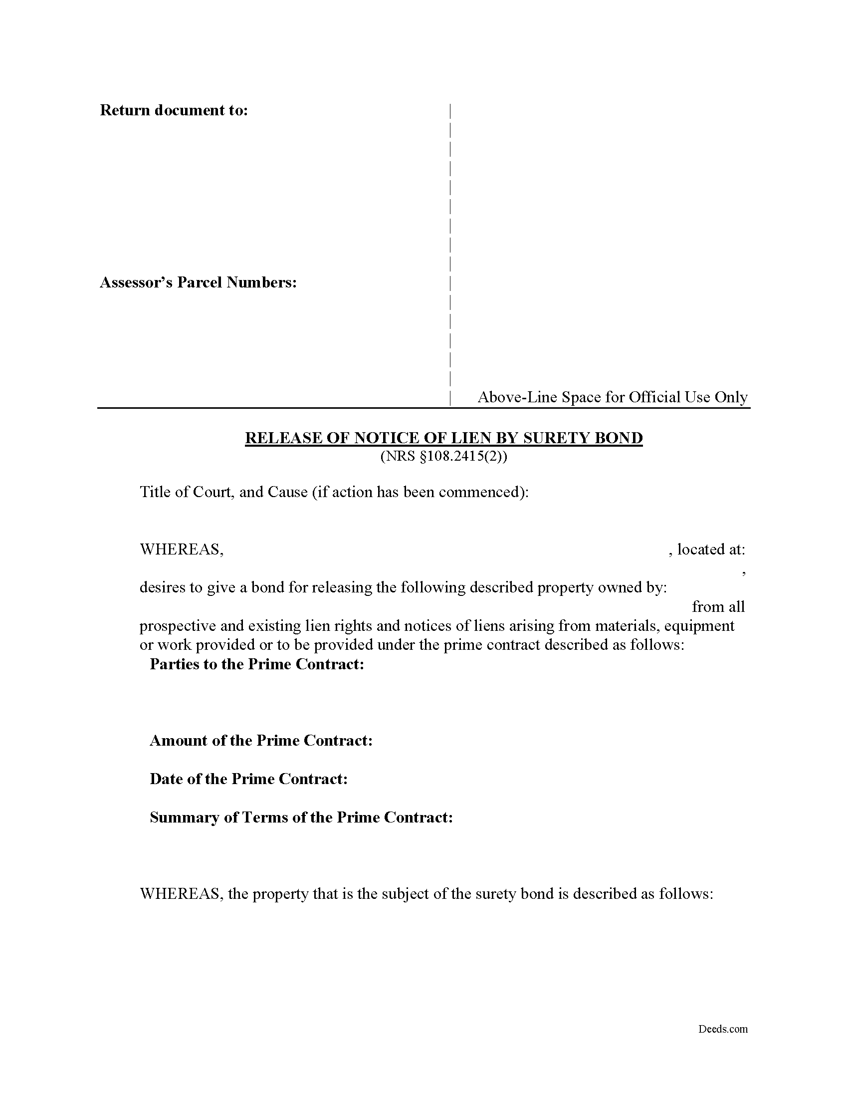 Nye County Release of Prospective Lien by Surety Bond Form
