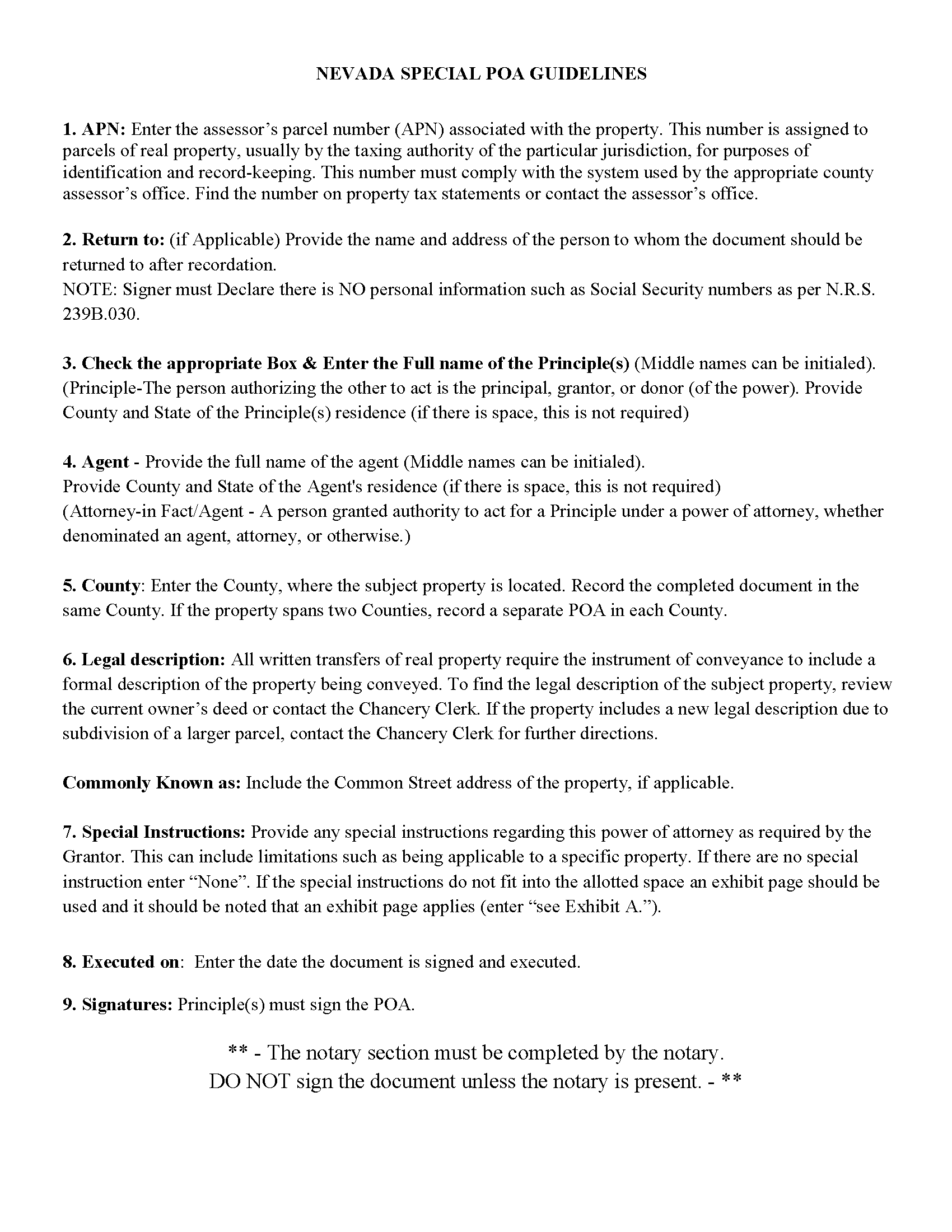 Nye County Special Power of Attorney Guidelines