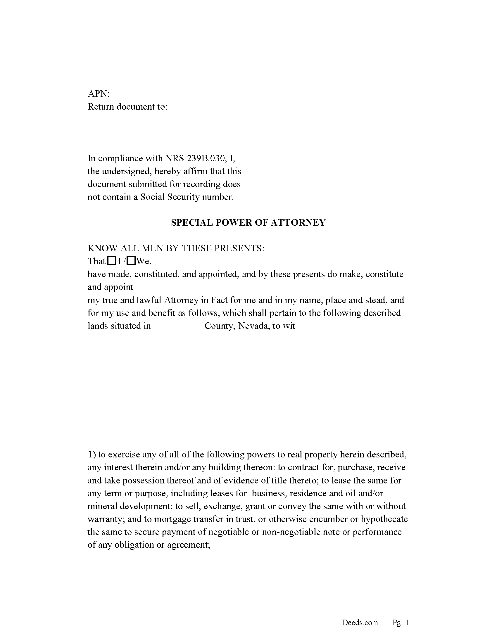 Nye County Special Power of Attorney for Real Property